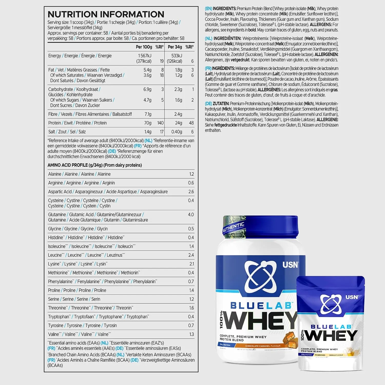 USN Blue Lab Whey Protein Powder: Chocolate Caramel - Whey Protein 908g USN Au supplements