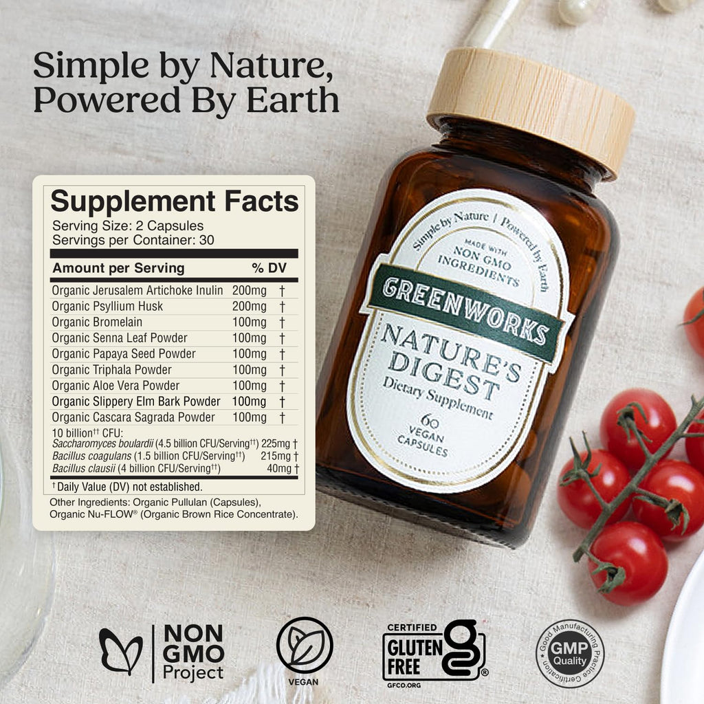 Greenworks Nature's Digest 10 Billion CFU Probiotic for Adults | Daily Gut Health Supplement with Saccharomyces Boulardii, Psyllium Husk, Bromelain,