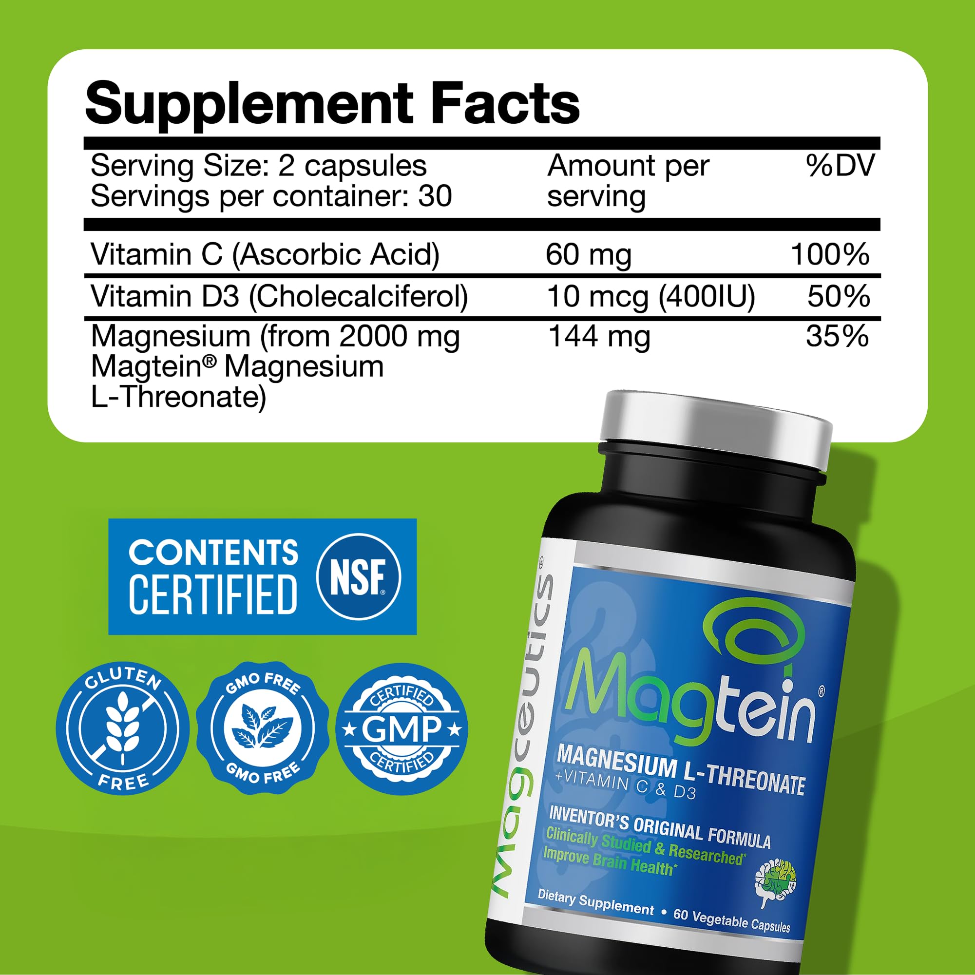 Magtein - Magnesium L-Threonate Supplement, Memory, Focus, Sleep & Brain Health Formula for Men & Women, Cognitive Support for Adults