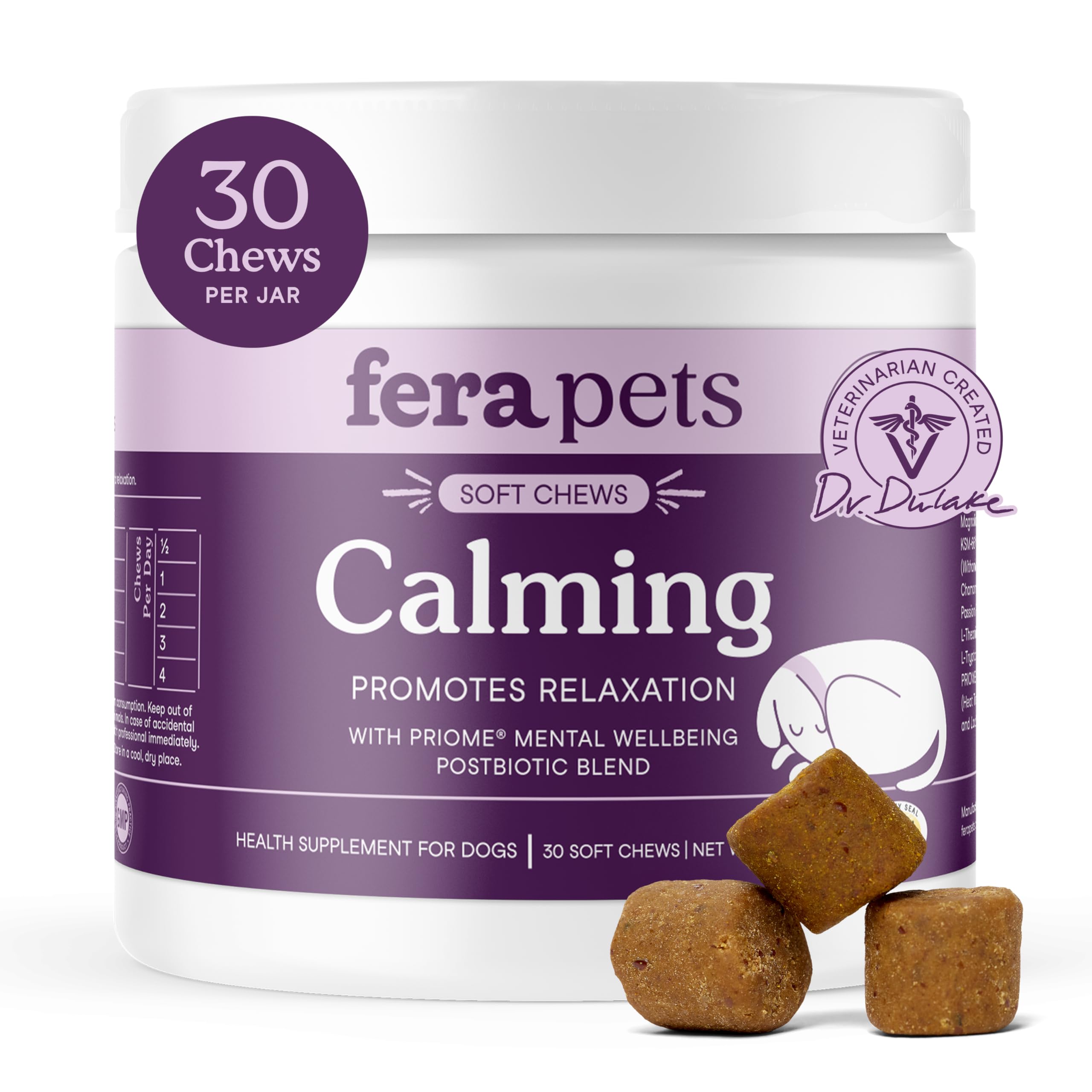 Fera Pets Dog Calming Chews - Helps Manage Everyday Stress & Separation - Promotes Relaxation - Ashwagandha & Priome® Mental Wellbeing Postbiotic Blend - 30 Soft Chews Fera Pets Au supplements