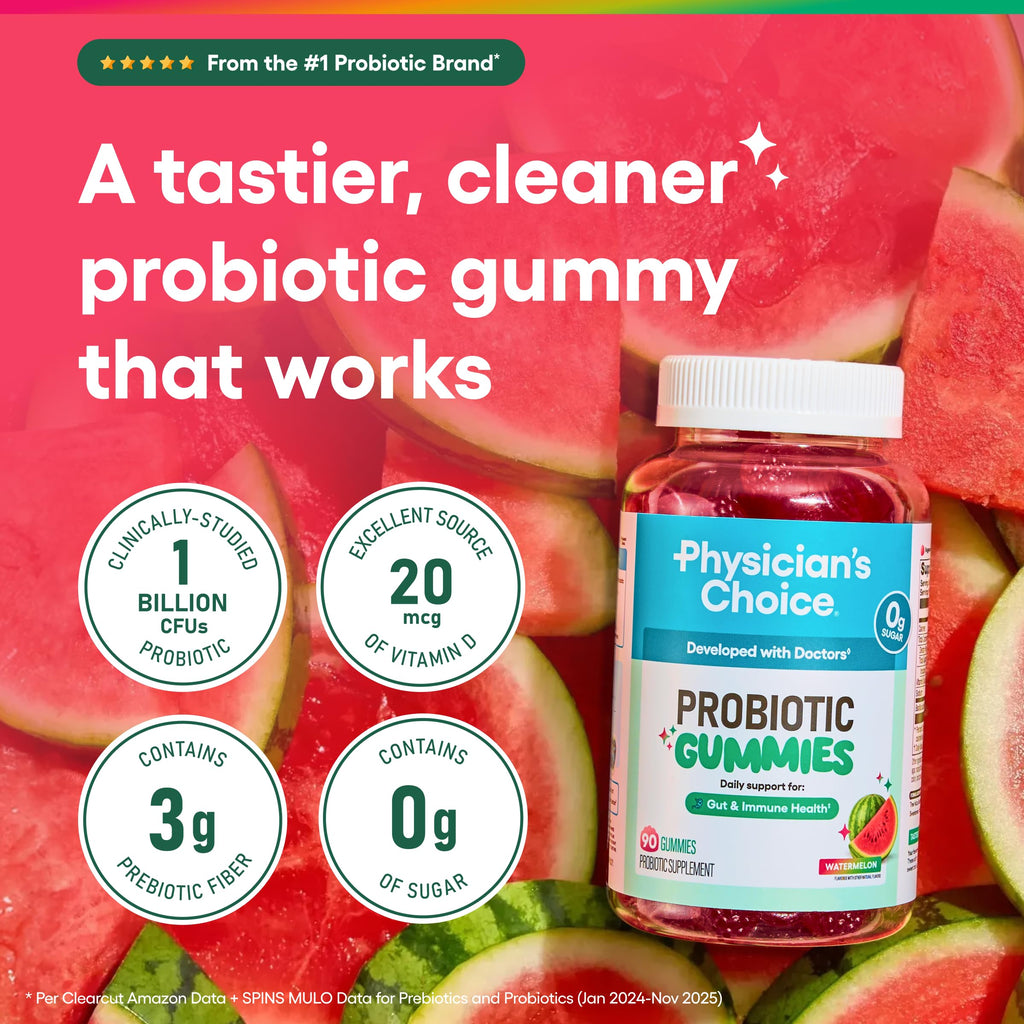 Physician's CHOICE Probiotic Gummies with Vitamin D & Prebiotic Fiber - Sugar Free - 1B CFUs of Clinically Studied Probiotic - Supports Immune & Gut Health