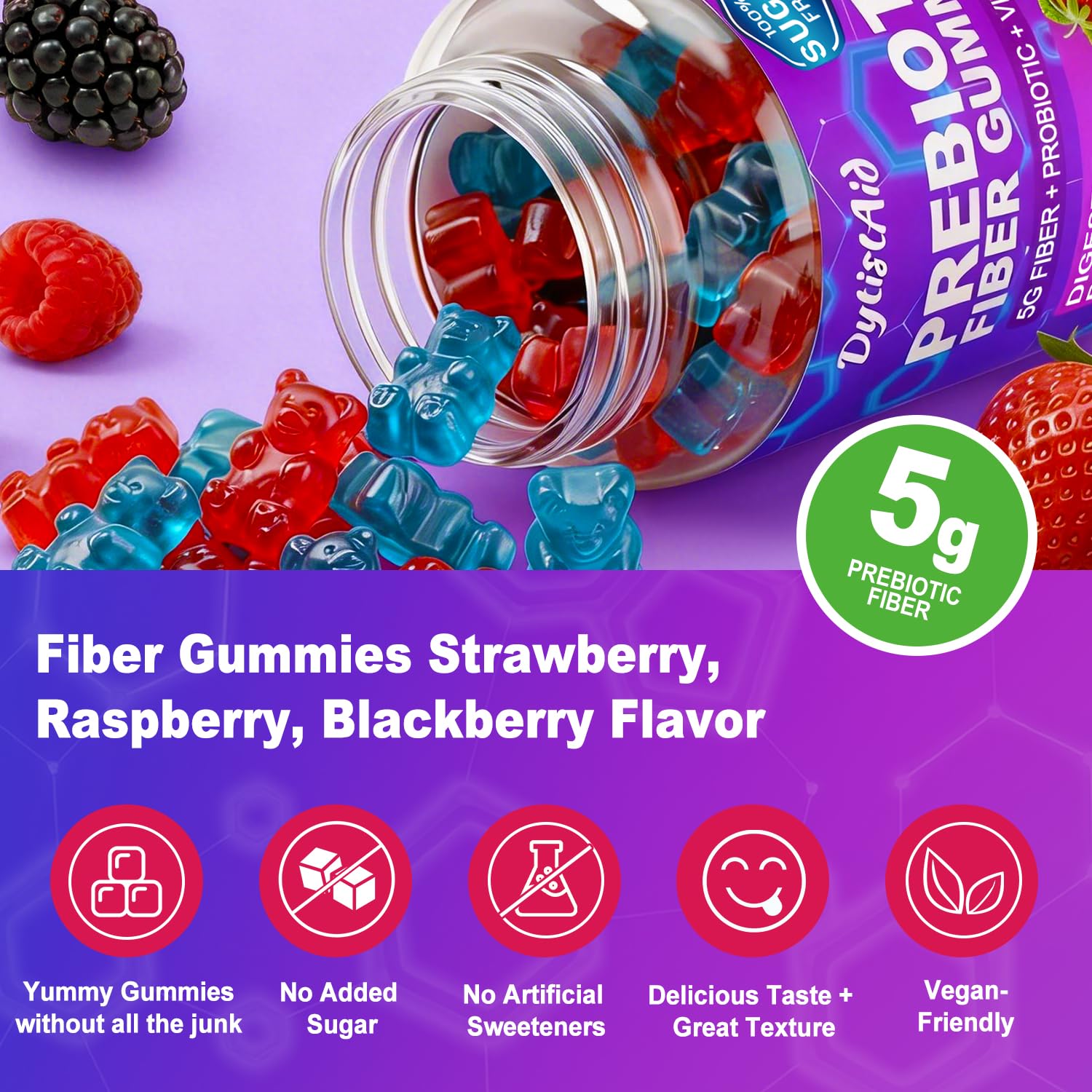 Prebiotic Fiber Gummies, 5g Fiber per Serving, 2 Billion CFU Bacillus Coagulans + Vitamin D3, Sugar Free Pectin Mixed Berry Gummies, Inulin (FOS) + Acacia
