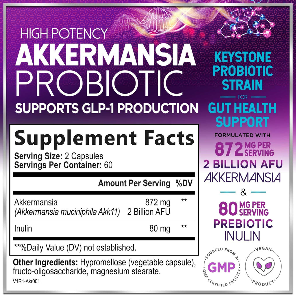 Akkermansia Probiotic - 2 Billion AFU per Serving - Best Strain for GLP-1 Production Support with Prebiotic Fiber for Natural Digestive & Gut Health