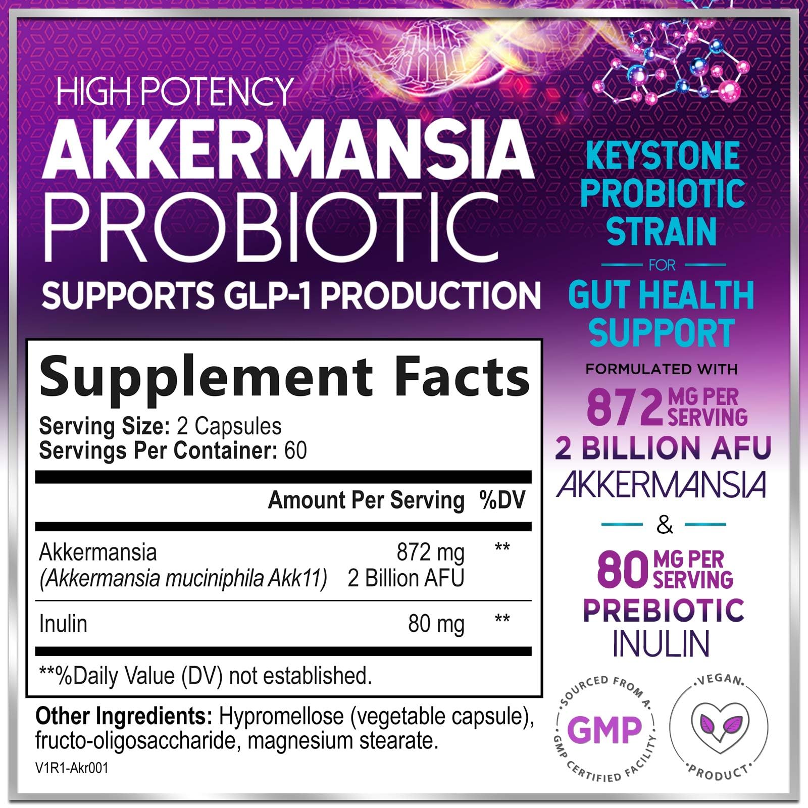 Akkermansia Probiotic - 2 Billion AFU per Serving - Best Strain for GLP-1 Production Support with Prebiotic Fiber for Natural Digestive & Gut Health