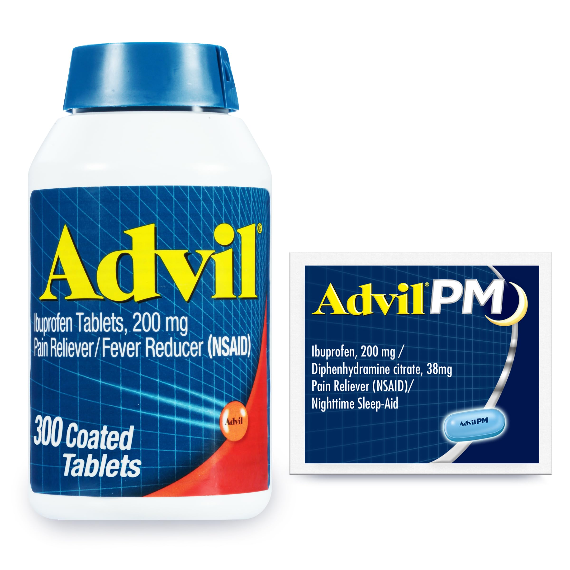 Advil Pain Reliever and Fever Reducer, Ibuprofen 200mg for Pain Relief - 300 Count, Advil PM Pain Reliever and Nighttime Sleep Aid, Ibuprofen for Pain Relief and Diphenhydramine Citrate - 2 Count Advil Au supplements