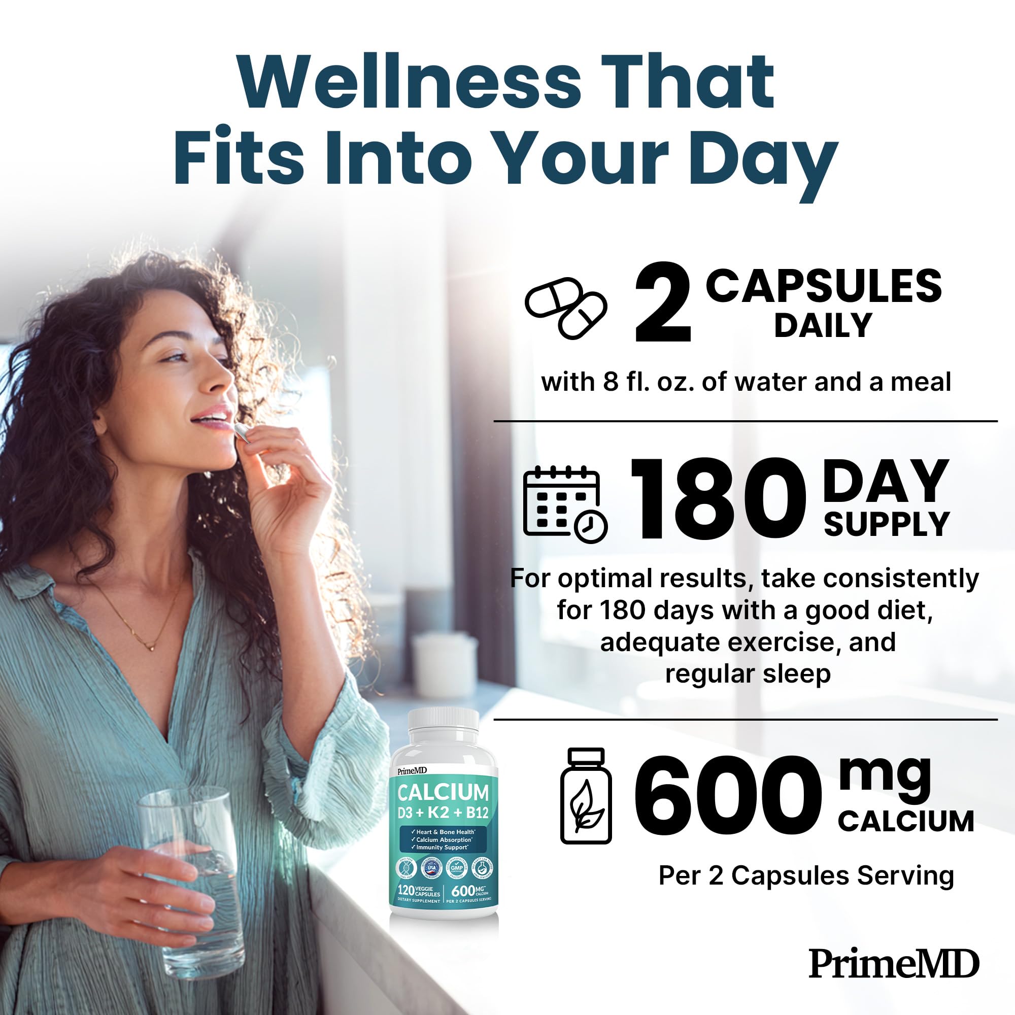 4-in-1 Calcium Supplements for Women & Men - Calcium Citrate with D3 K2 Vitamin 5000 IU - Calcium 600mg with Vitamin D3 K2 - Everyday Vitality Supplement -