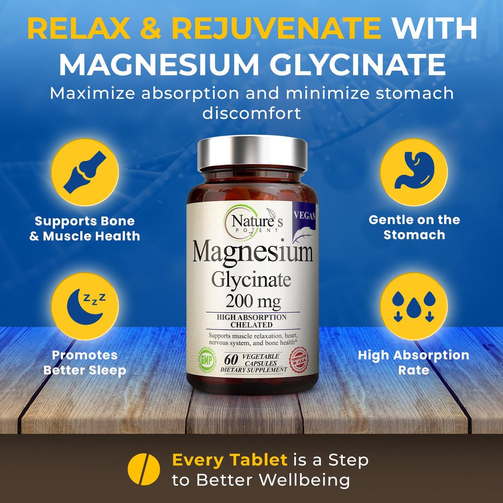 Nature’s Potent Magnesium Glycinate 200mg | High Absorption Chelated Magnesium | Sleep, Calm & Muscle Cramp Support | Vegan Supplement | 60 Capsules Nature's Potent Au supplements