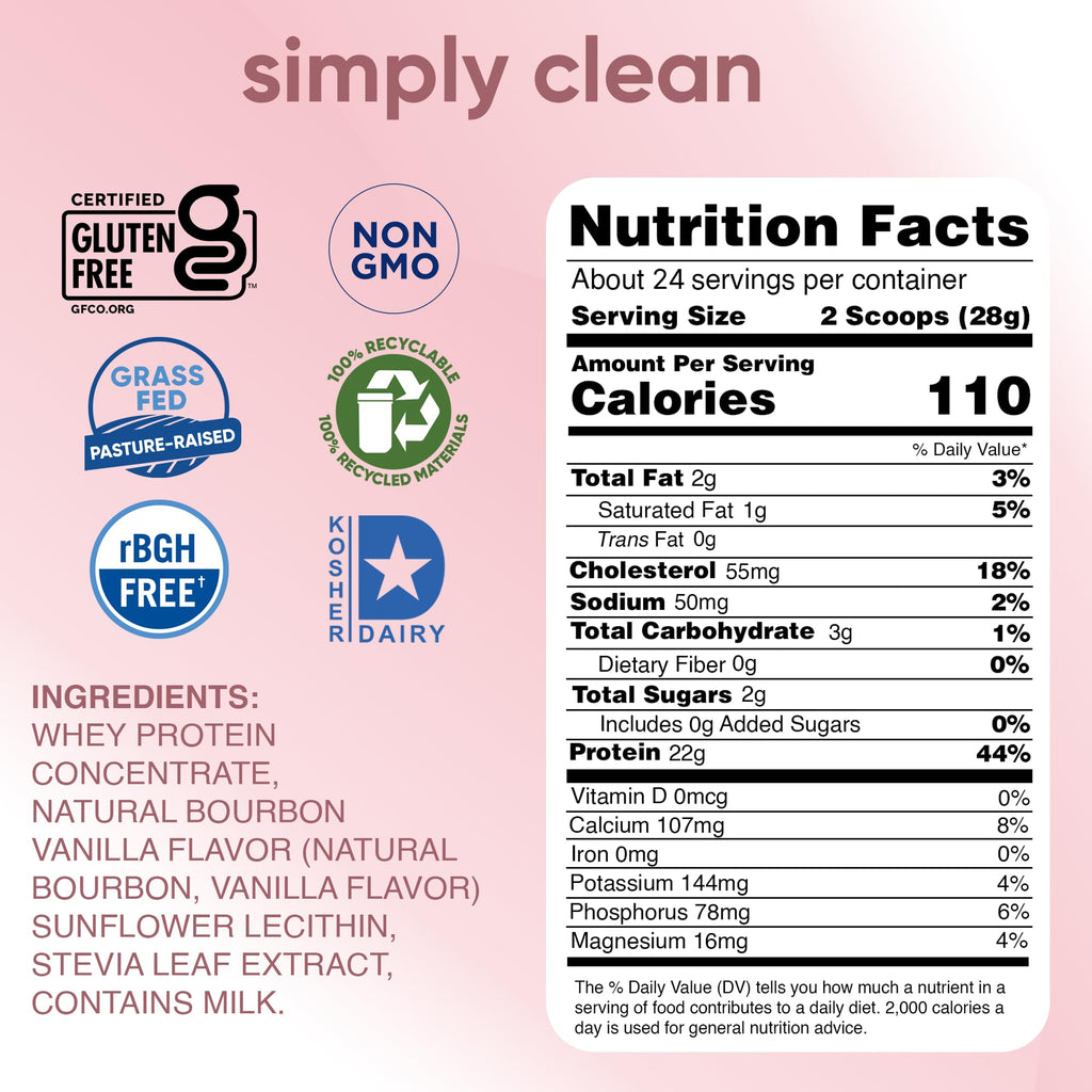 simply tera's Pure Whey Protein Powder - Grass Fed Vanilla Whey Protein Powder, Clean, Made Without Artificial Sweeteners, Non-GMO, Kosher, rBGH-Free, Soy-Free - 24 Oz