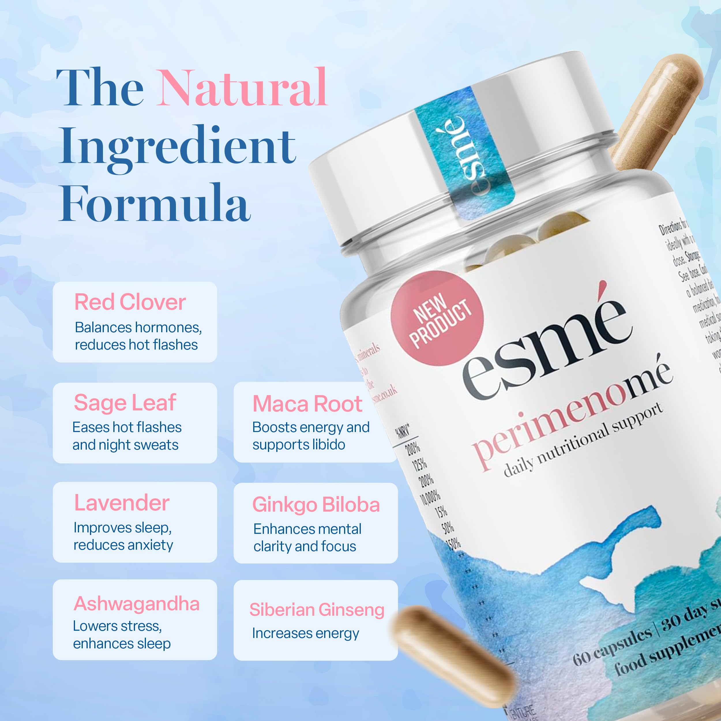 Esme Menopause Supplements Perimenopause Supplements 1 Month Supply - Daily Support for The Early Stage of Menopause – 60 Capsules - Includes Ashwagandha, Vitamins and Red Clover Esme Au supplements