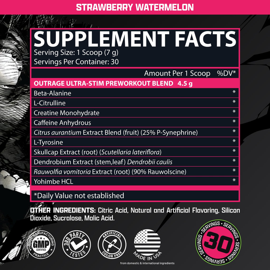 Outrage Ultra HIGH STIM Pre-Workout Powder for Men | 400mg Caffeine, L-Citrulline, Beta-Alanine, Creatine | Extreme Energy, Focus, Strength & Endurance