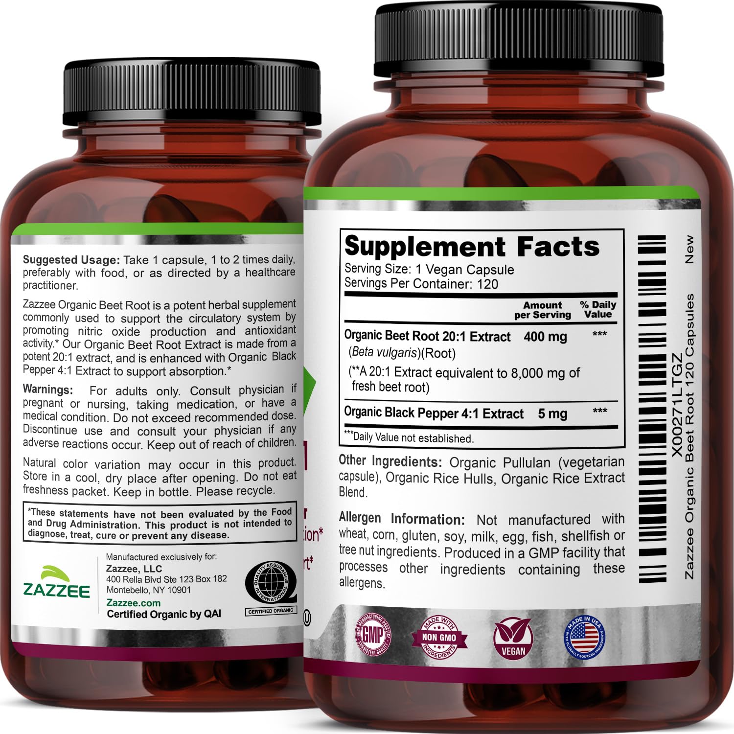 Zazzee USDA Organic Beet Root 20:1 Extract, 120 Vegan Quick Release Capsules, 4 Month Supply, Nitric Oxide Support, Black Pepper Extract for Enhanced Absorption