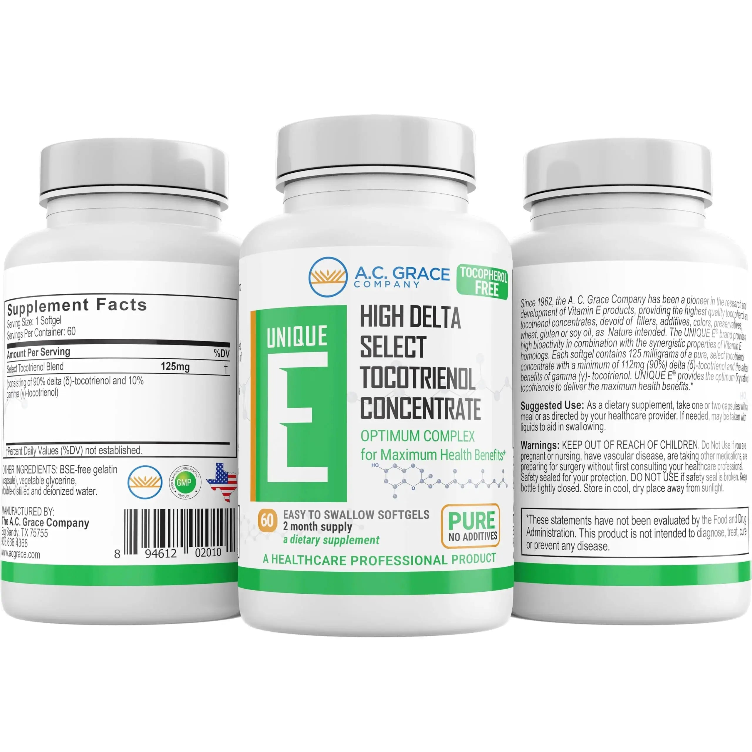 A.C. Grace Company, Unique E Tocotrienols - Tocopherol Free Softgels, 60 Count UNIQUE E Au supplements