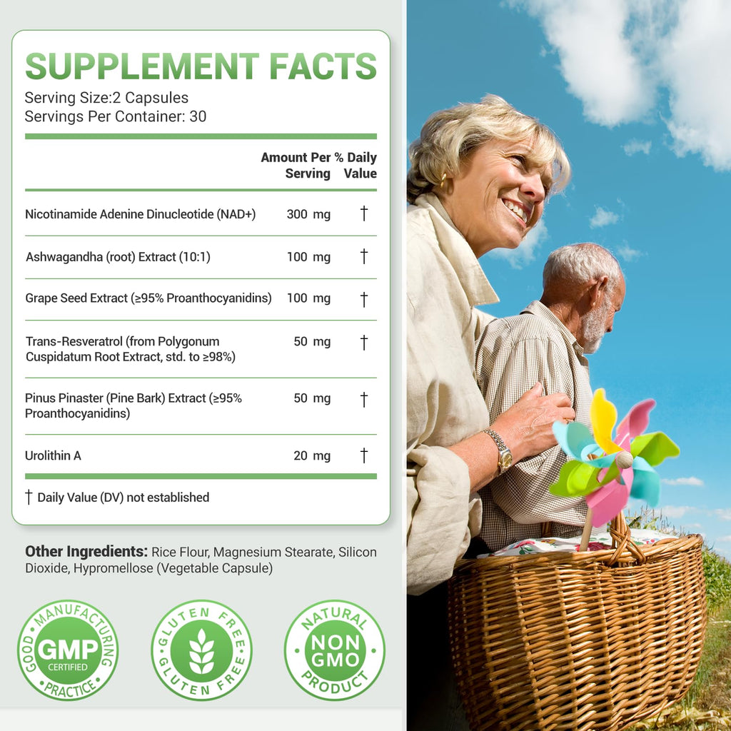 Nature Whisper NAD+ Supplement 620mg | 6-in-1 Complex with Resveratrol, Ashwagandha & Urolithin A - Daily Energy Stack for Focus, Brain Fog & Healthy Aging - 60 Capsules Nature Whisper Au supplements