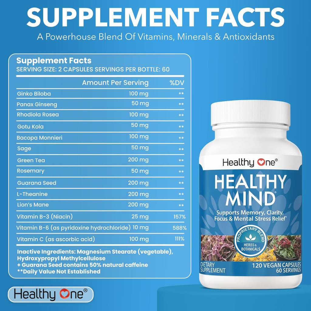 Healthy Mind - Safe for Teens - Brain Fog - Cognitive Function - Concentration - Focus - Neural Optimization - Mood - Ginkgo Biloba - Ginseng - Rhodiola - Bacopa - Gotu Kola - Green Tea - 60 Count Healthy One Au supplements