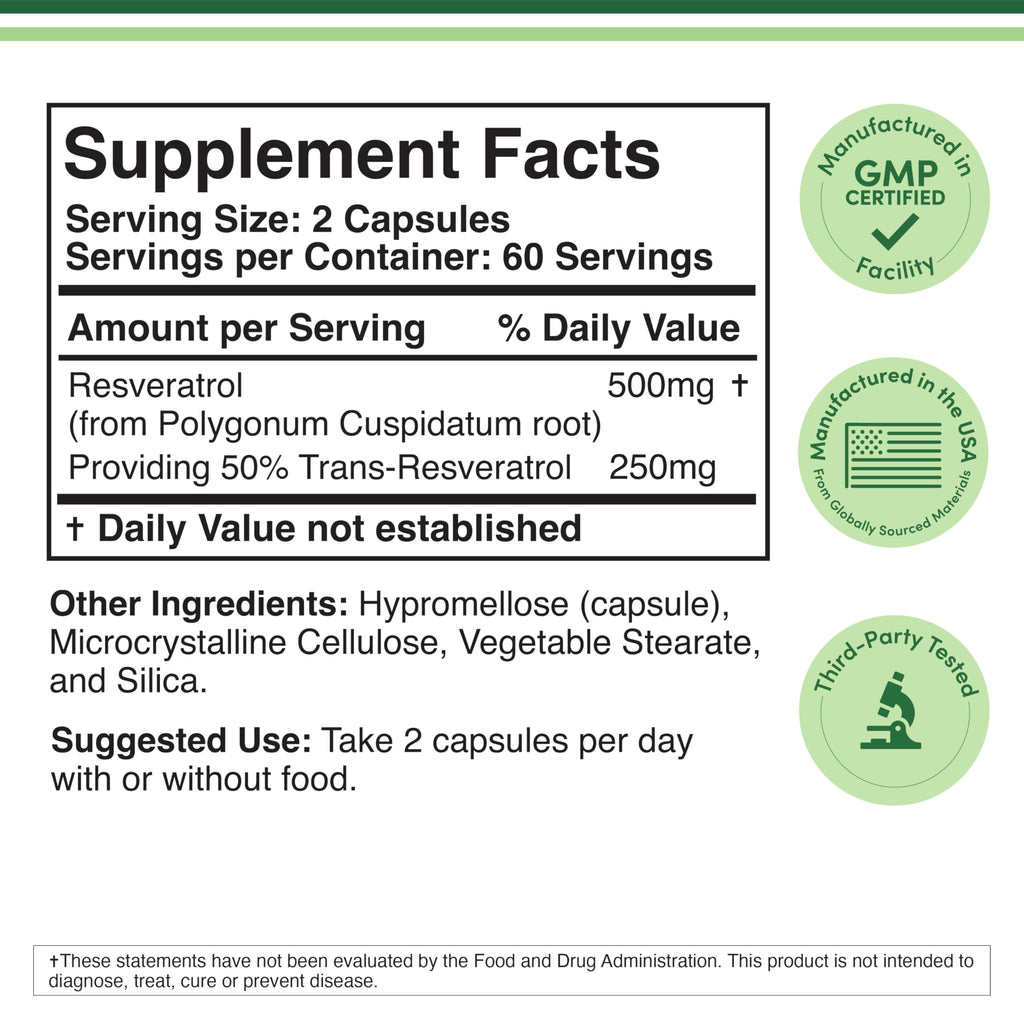 Resveratrol Supplement 500mg Per Serving, 120 Capsules (Resveratrol Polygonum Root Extract Providing 50% Trans Resveratrol)