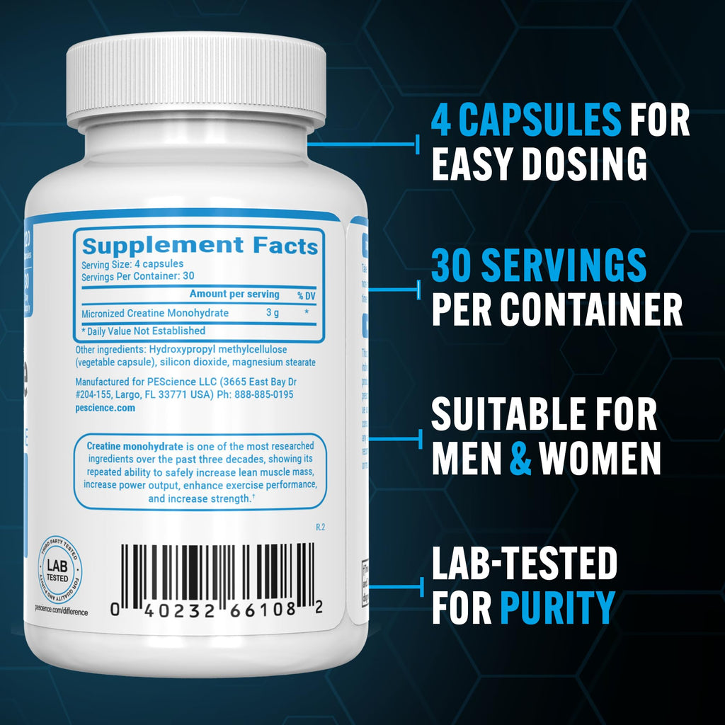 PEScience TruCreatine Creatine Pills, Easy-to-Take Creapure Creatine Capsules, Monohydrate, for Men & Women, Supports Muscle Growth, Strength & Recovery, Cognition, 3g Per Serving, 120 Capsules PEScience Au supplements