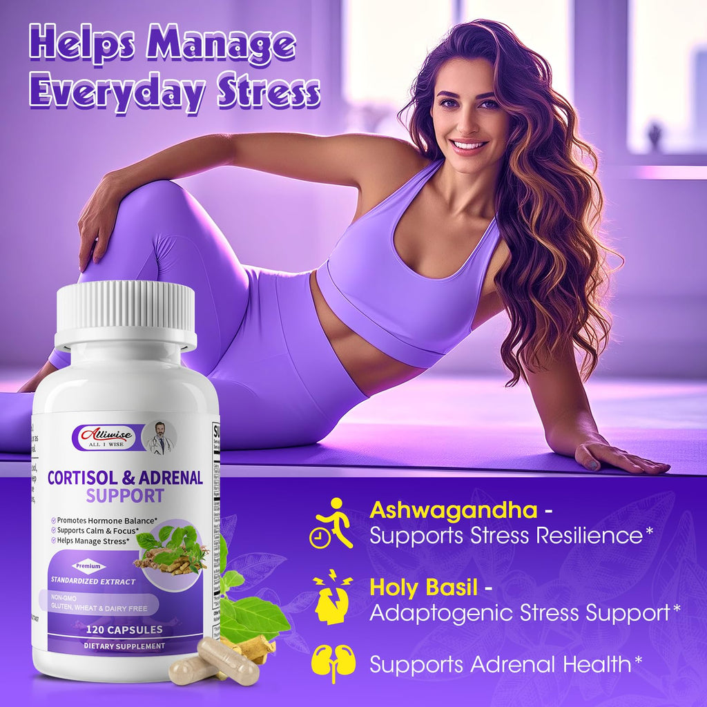 Alliwise Cortisol Supplements for Women & Men - Adrenal Support with Ashwagandha, L-Theanine & Holy Basil for Stress Relief, Mood & Steady Focus - Hormone Balance - 120 Vegan Capsules Alliwise Au supplements
