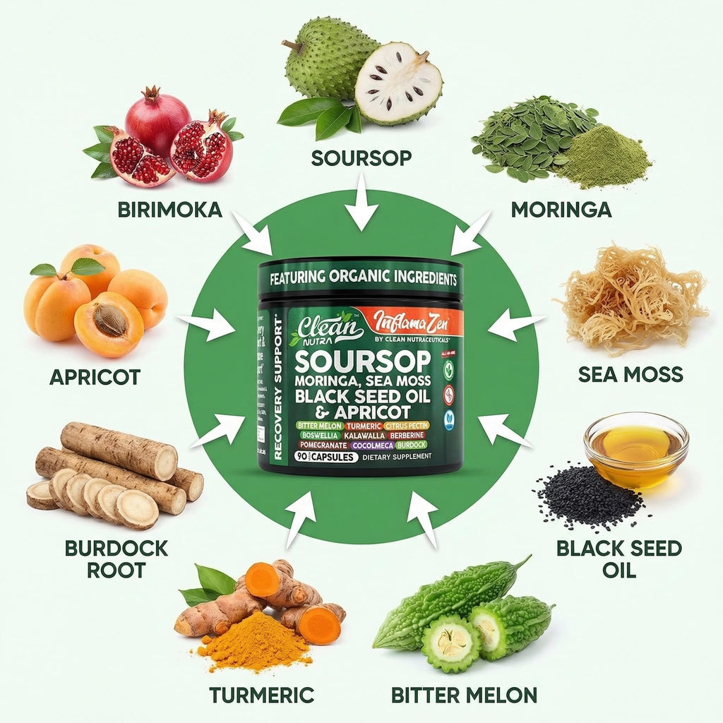 Clean Nutra Soursop Supplement Moringa Sea Moss Black Seed Oil Berberine Turmeric Resveratrol Quercetin Greens Bitters Boswellia Bitter