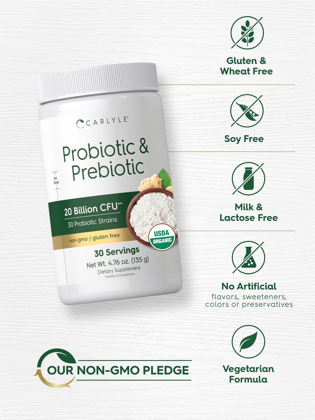 Carlyle Probiotic and Prebiotic Powder | 20 Billion CFU | 4.76 oz | Organic Fiber Blend | for Women and Men | Vegetarian, Non-GMO,
