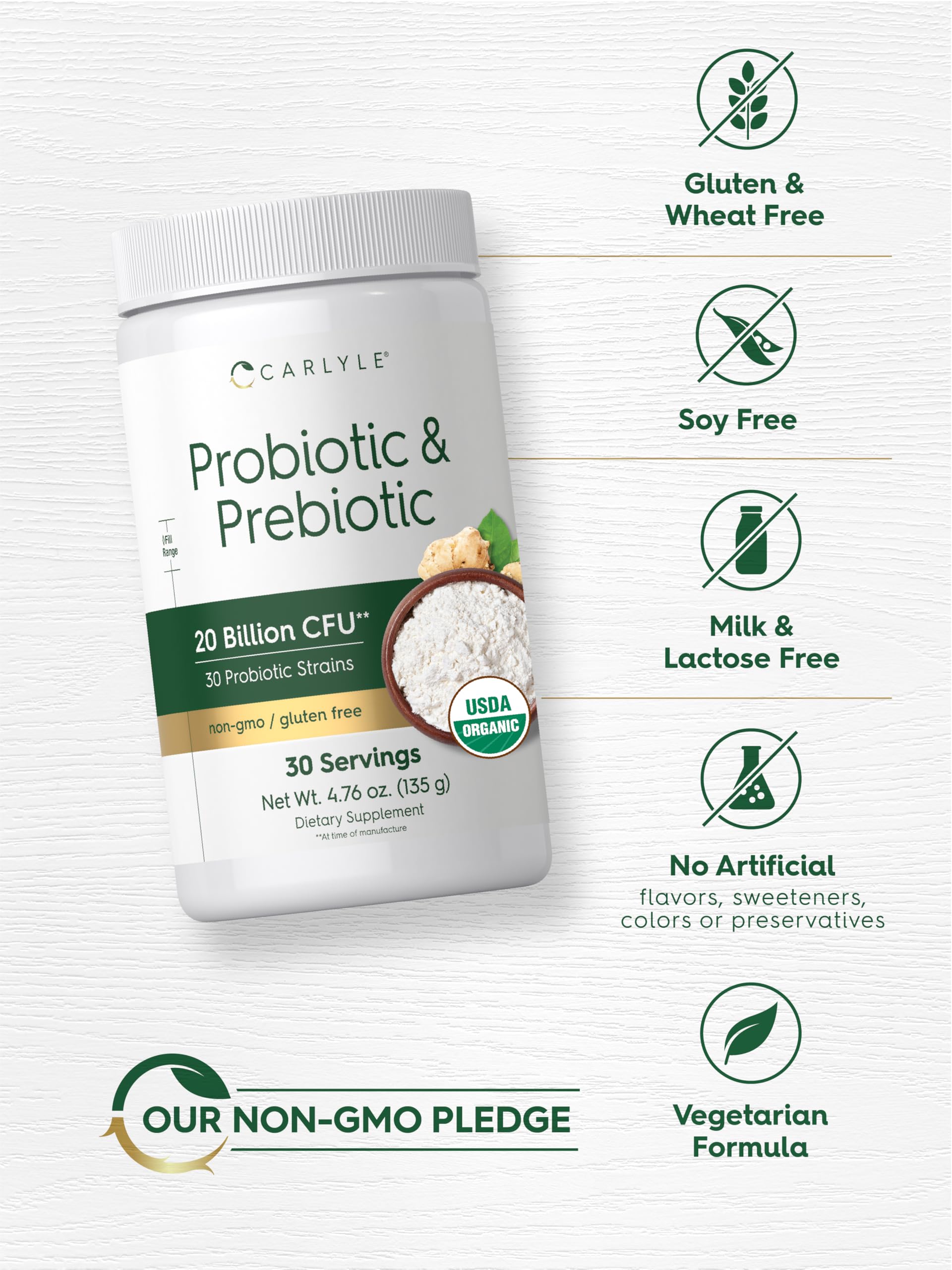 Carlyle Probiotic and Prebiotic Powder | 20 Billion CFU | 4.76 oz | Organic Fiber Blend | for Women and Men | Vegetarian, Non-GMO,
