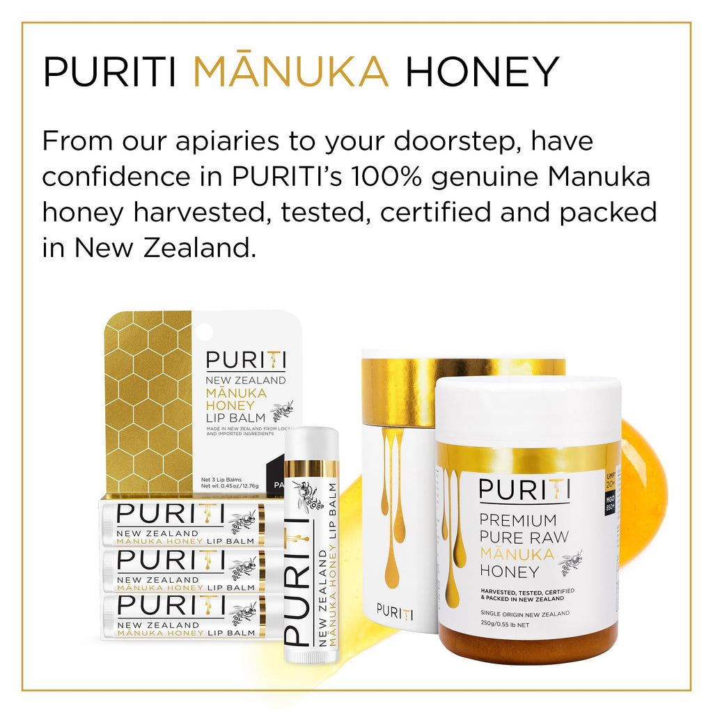 PURITI Manuka Honey Lip Balm – 3pack Soothing & Moisturizing, Enriched with Almond