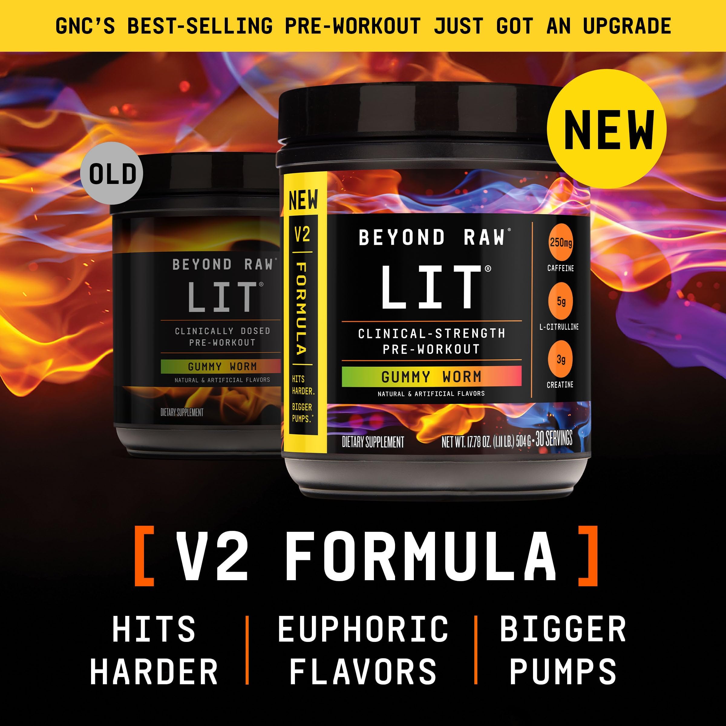 BEYOND RAW LIT V2 Clinical Strength Pre Workout Powder, Hits Harder, Bigger Pumps, Caffeine, L-Citrulline, Creatine, Gummy Worm, 30 Servings
