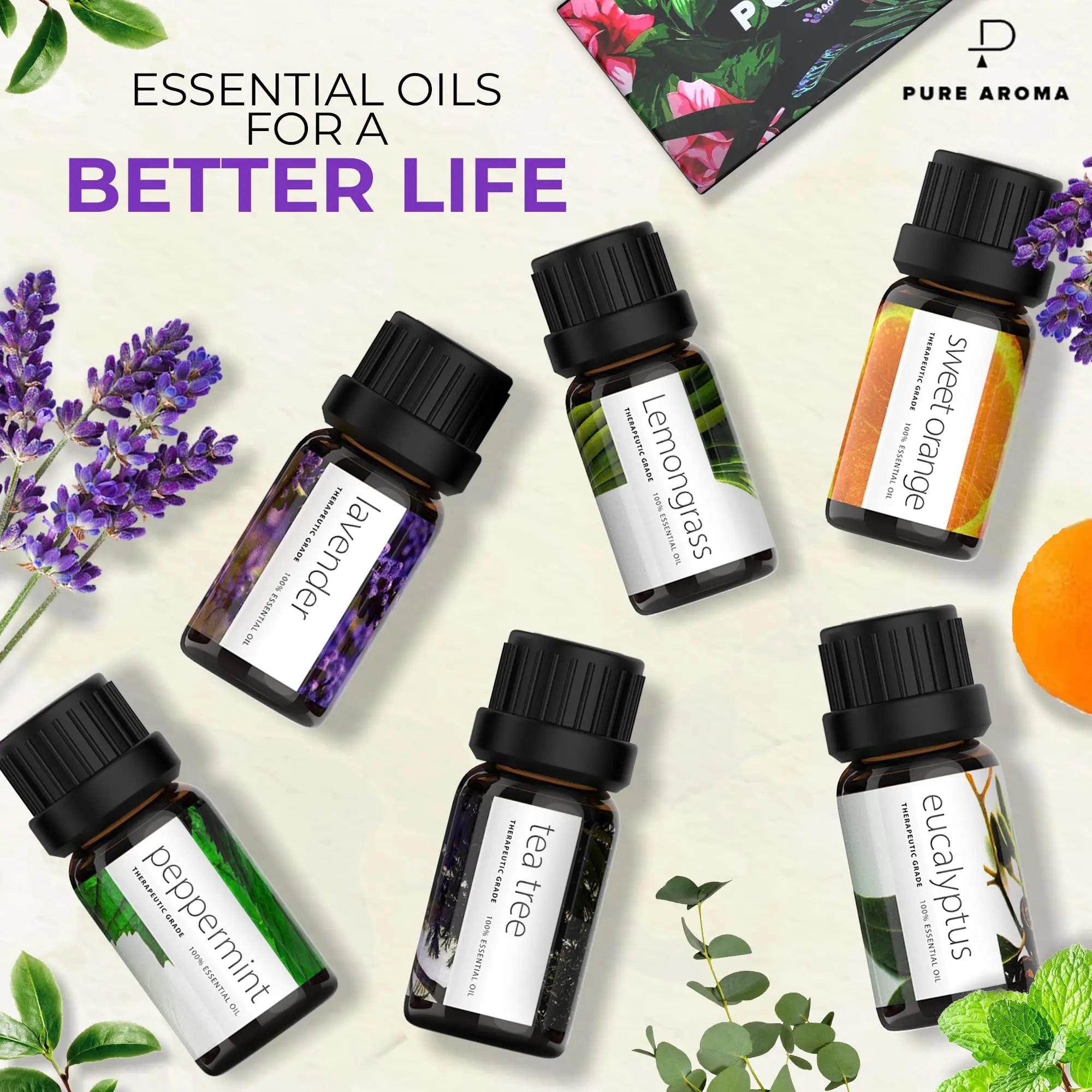 Essential Oils by PURE AROMA 100% Pure Oils kit- Top 6 Aromatherapy Oils Gift Set-6 Pack, 10ML Pure Aroma Au supplements