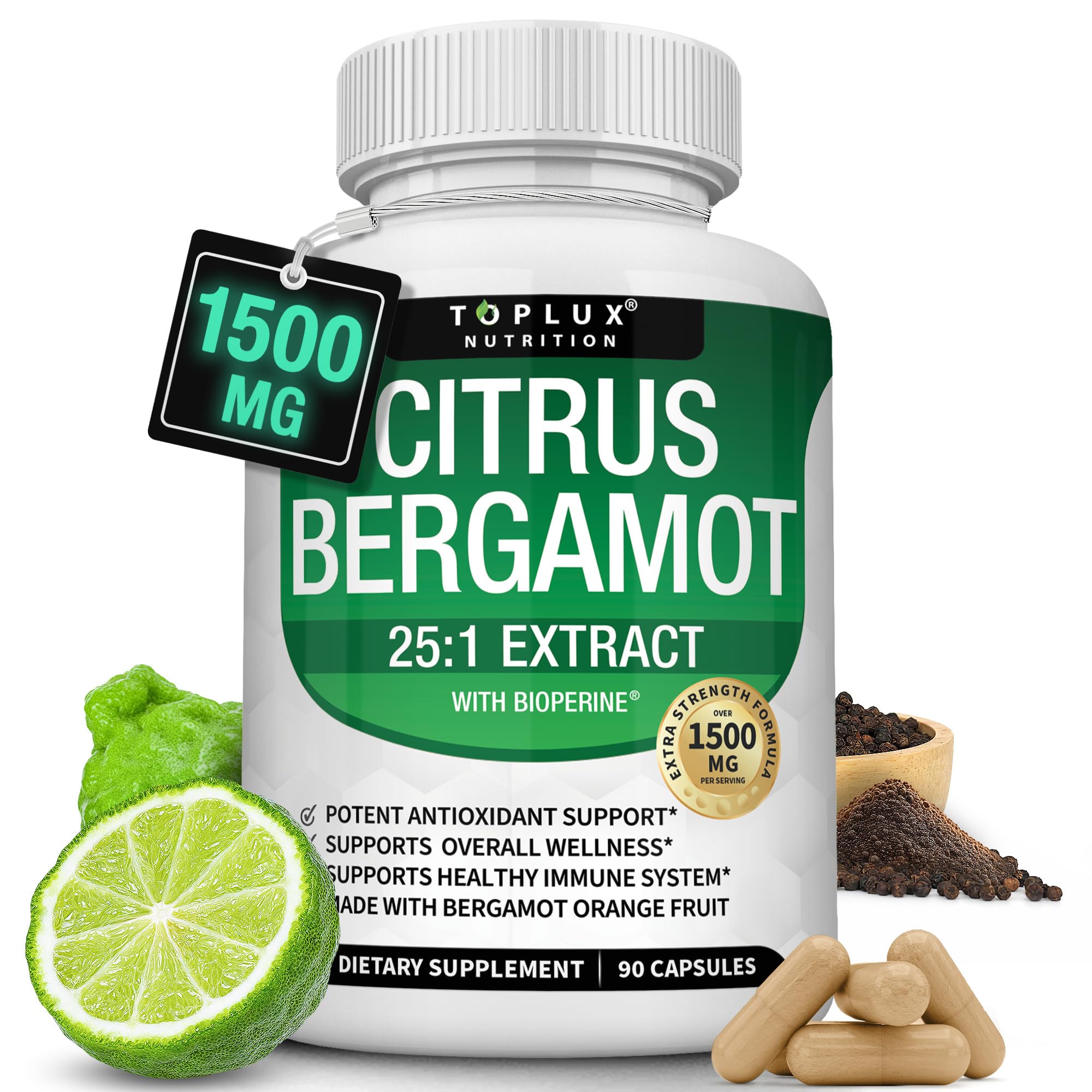Citrus Bergamot Supplement 1500mg - 25:1 Bergamot Extract to Support Overall Health, Immune System, Potent Antioxidant High Absorption Natural