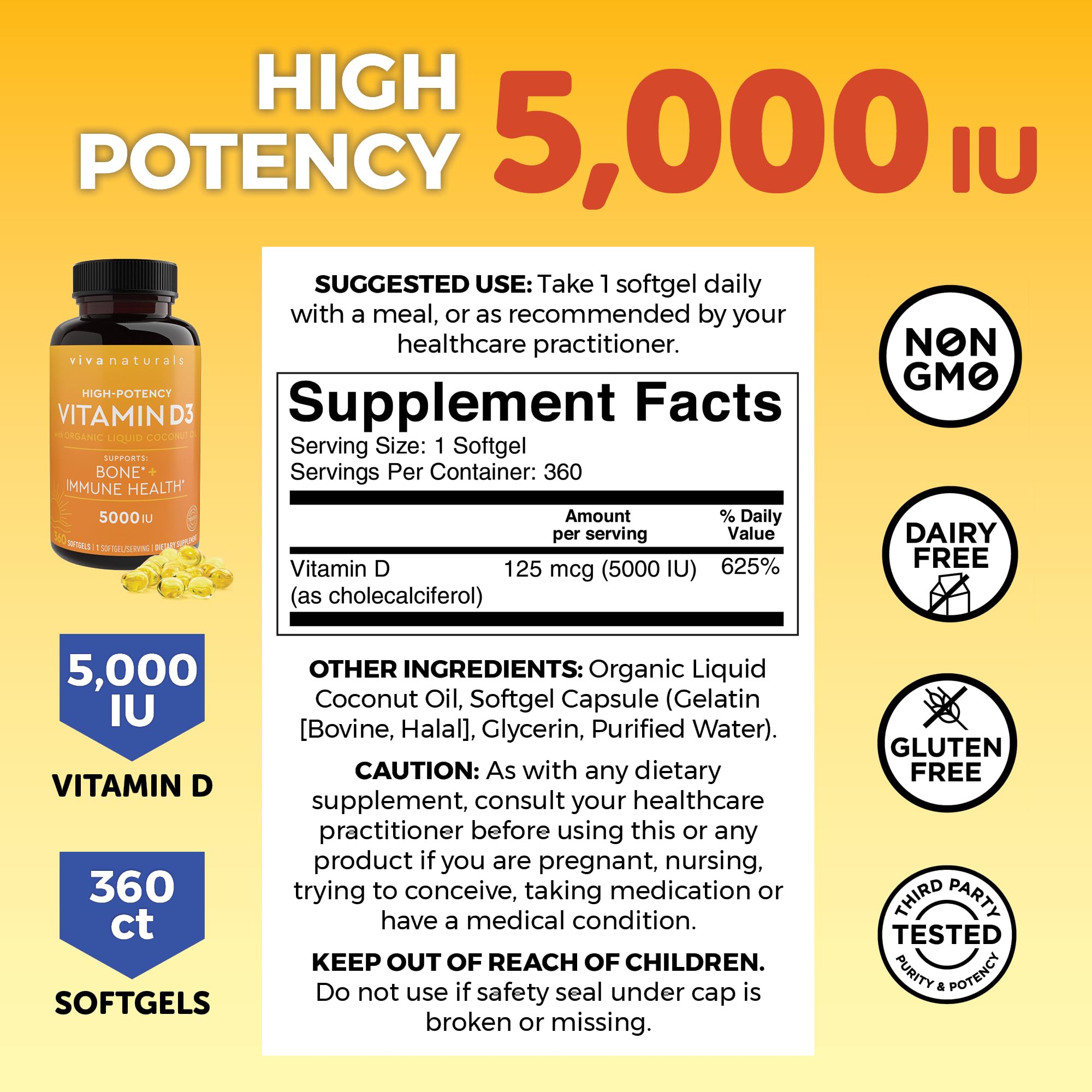 Viva Naturals Vitamin D3 5000 IU Softgels, 360 Count (125 mcg), Supports Bone & Immune Health, High Potency Vitamin D