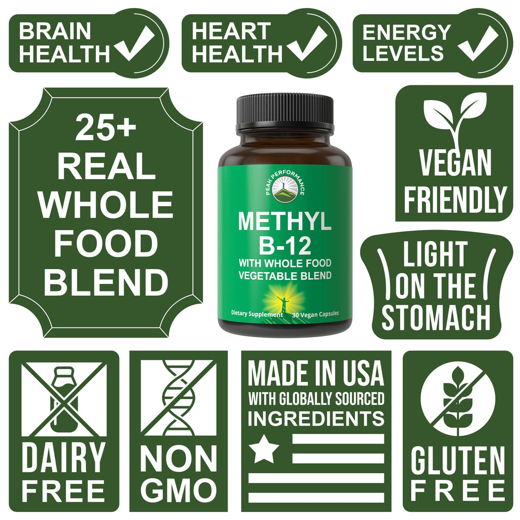 Methyl B12 Vitamin + Whole Food Blend of 25 Vegetables and Fruits for Max Absorption. Vegan Vitamin B12 Methylcobalamin - Methyl B-12 Supplement for Energy, Focus and Relief. 30 Day Supply Capsules Peak Performance Au supplements