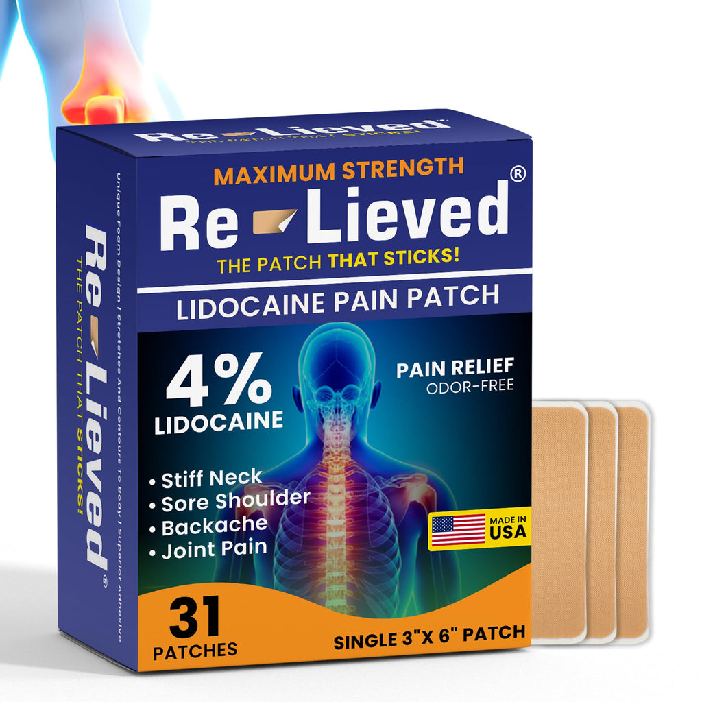 Re-Lieved 4% Lidocaine Patches Maximum Strength - Aluminum-Free, Water Resistant and USA Made -Superior Sticking Pain Relief Patches Quickly Relieves Back, Joints and Muscle Pain-3x6 Inches (31 Count) Re-lieved Au supplements