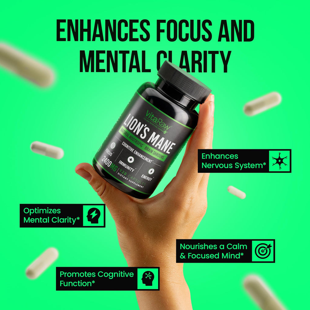 VitaRaw Organic Lions Mane Supplement Capsules 2400 mg - Powerful Nootropic - Helps Maintain Memory, Energy, and Mental Clarity - Vegan Brain Booster Focus Pills - Real Lion's Mane Supplement VitaRaw Au supplements