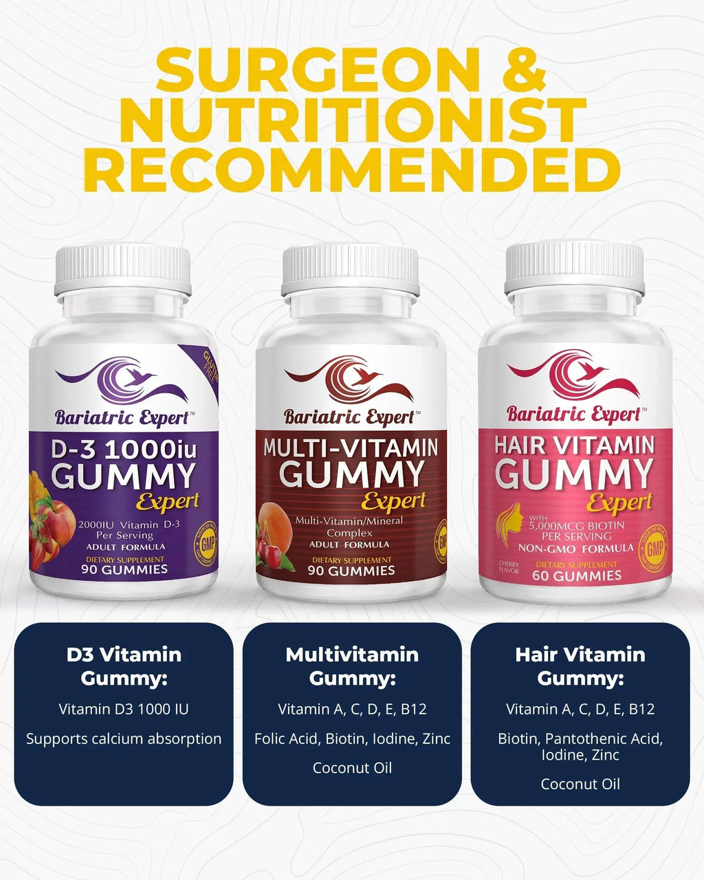 Bariatric Multivitamin 3 Pack, Multivitamin Gummy 90 Chews. - D3 Gummies 90 Chew - Hair Vitamin Gummy 60 Chews. Bariatric Food Expert Au supplements