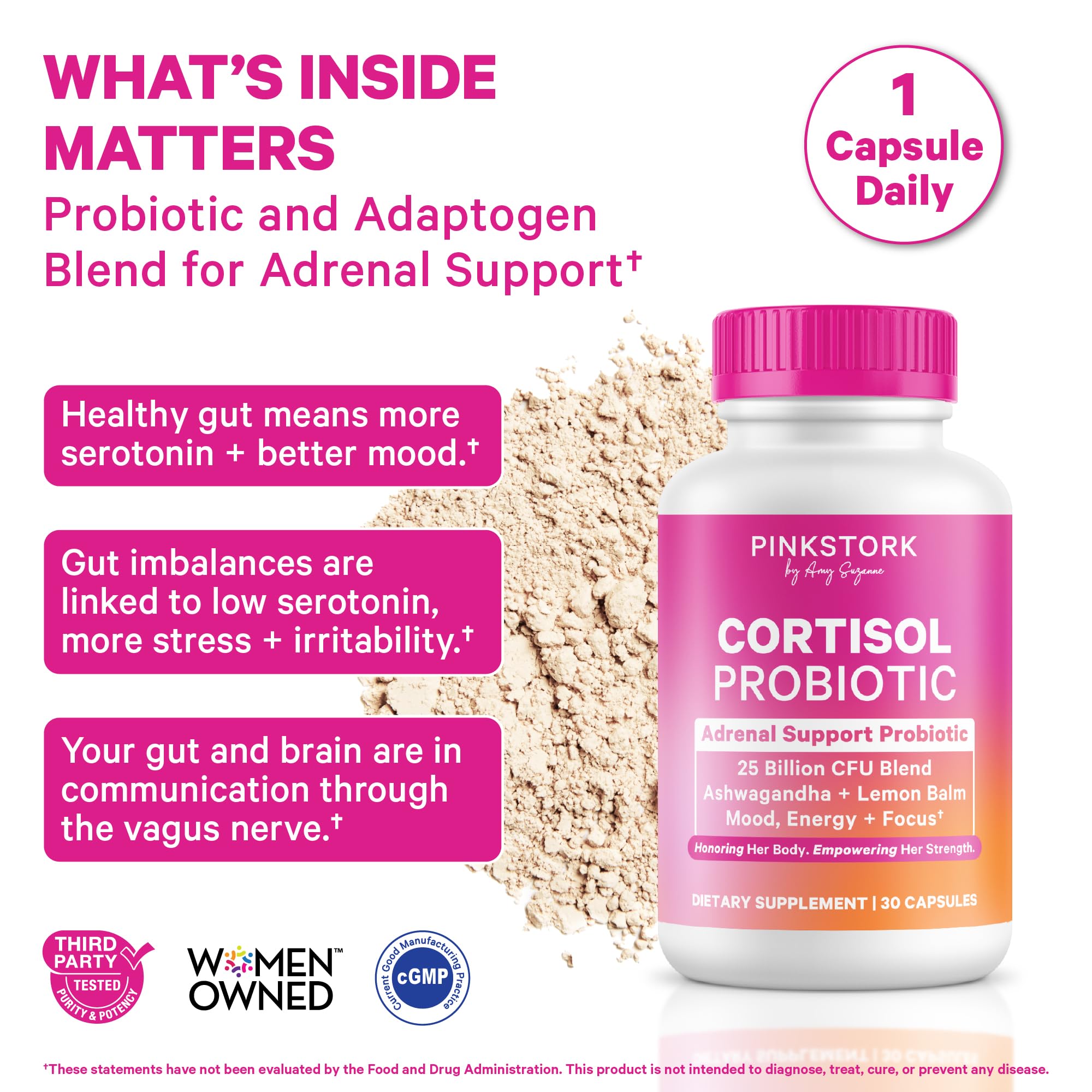 Pink Stork Cortisol Probiotic for Women – Mood and Adrenal Support Supplement – Ashwagandha, Lemon Balm, Chamomile, 25 Billion CFU – Gut Health, Energy, Focus – Lower Cortisol – 30 Capsules Pink Stork Au supplements