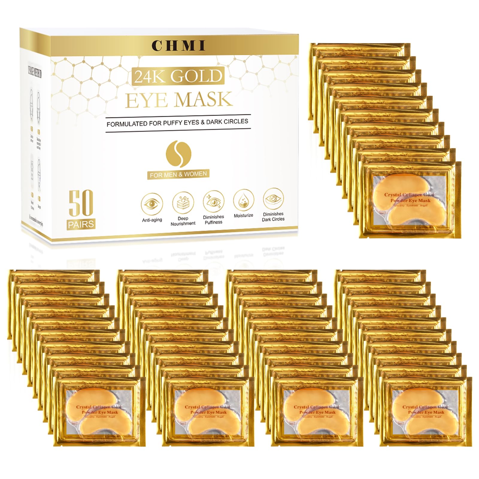 CHMI Under Eye Patches (50 Pairs) - 24K Gold Eye Patches for Puffy Eyes, Dark Circles, EyeBags and Wrinkles