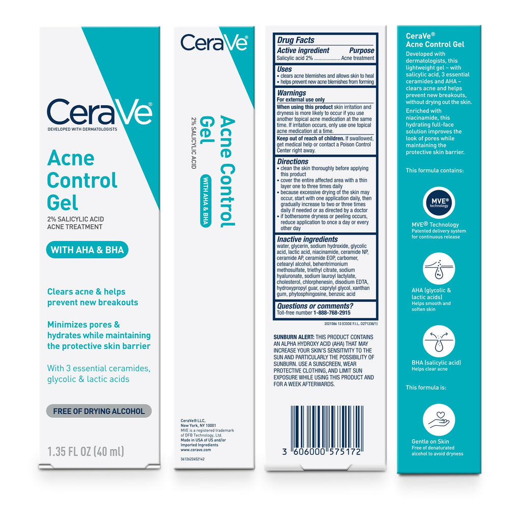 CeraVe Acne Control Gel, 2% Salicylic Acid Treatment With Glycolic Acid + Lactic Acids