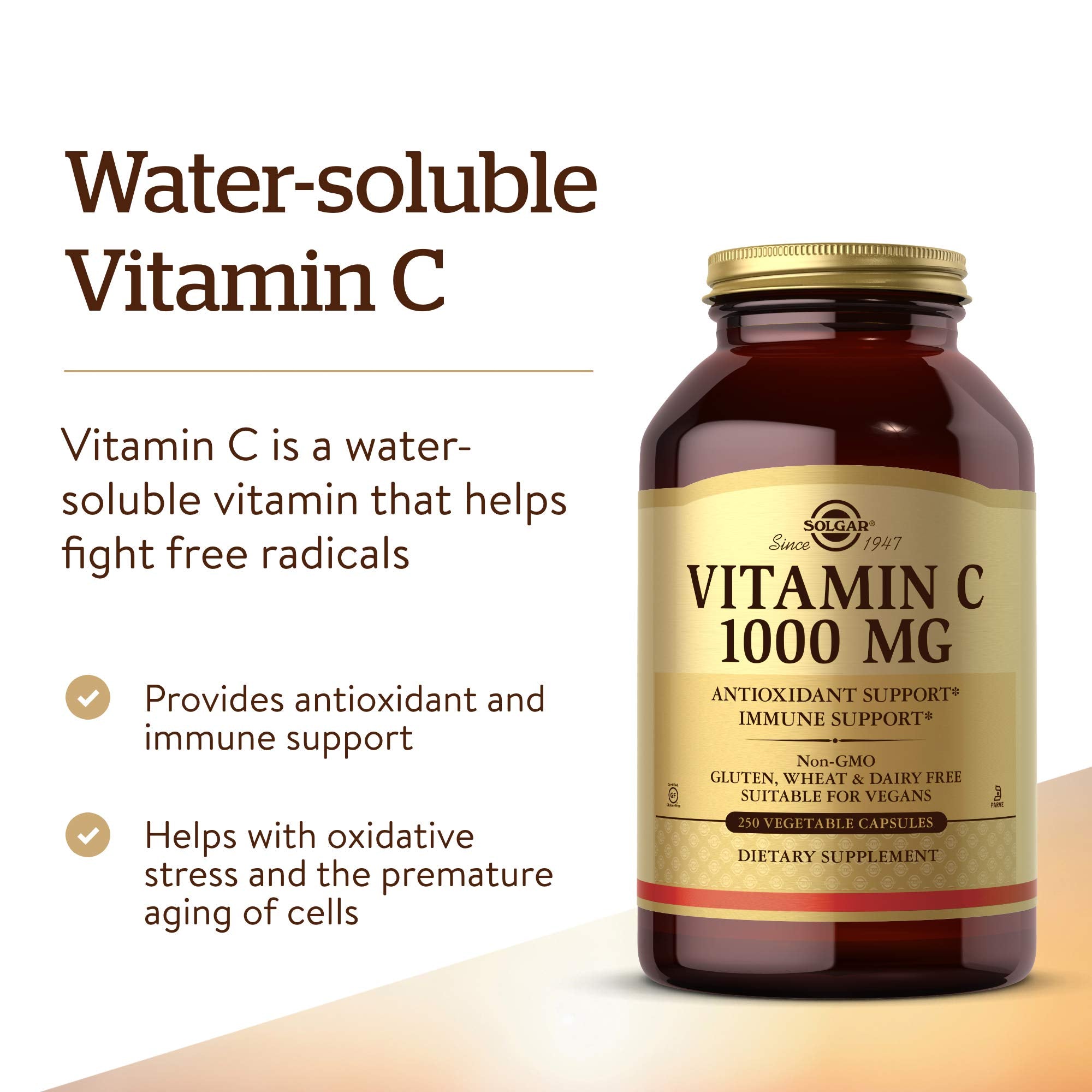 Solgar Vitamin C 1000 mg, 250 Vegetable Capsules - Antioxidant & Immune Support - Overall Health - Healthy Skin & Joints - Bioflavonoids Supplement