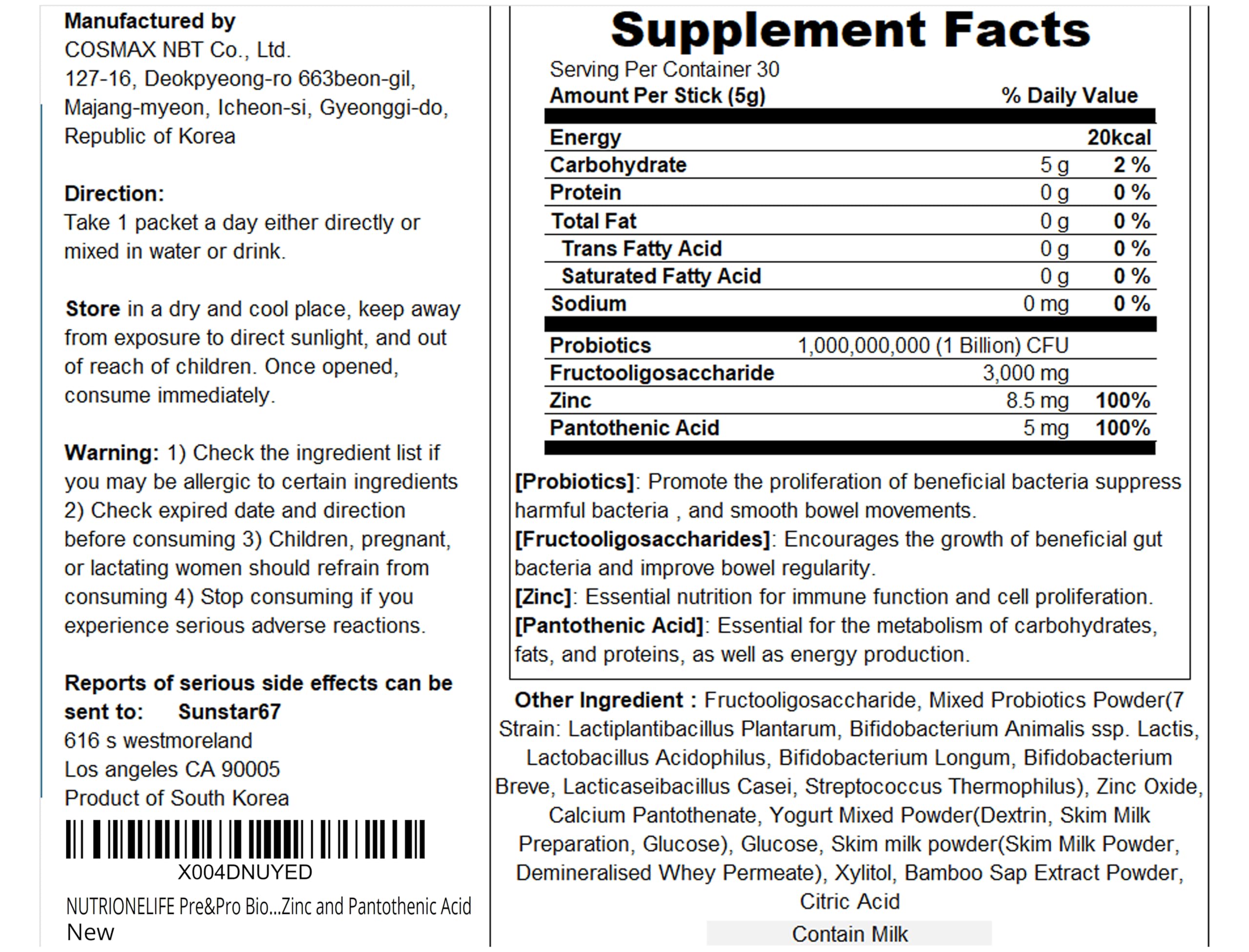 NUTRIONELIFE Pre&Pro Biotics, 1Billion CFU, Powder Type Korea Probiotics, Multi-Strain Probiotic Blend, Supports Digestive Wellness,