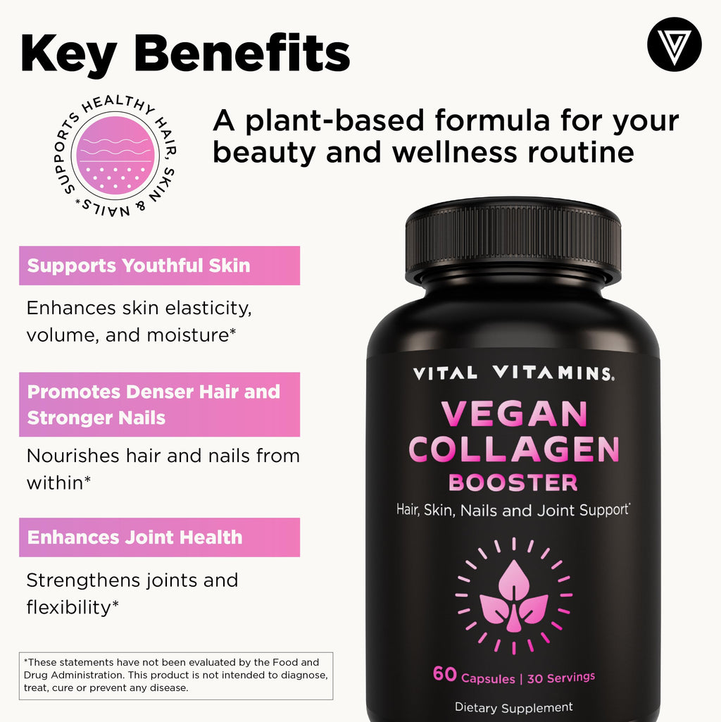 Vital Vitamins Vegan Collagen Booster - with Silica and Hyaluronic Acid - Plant-Based Collagen Supplements