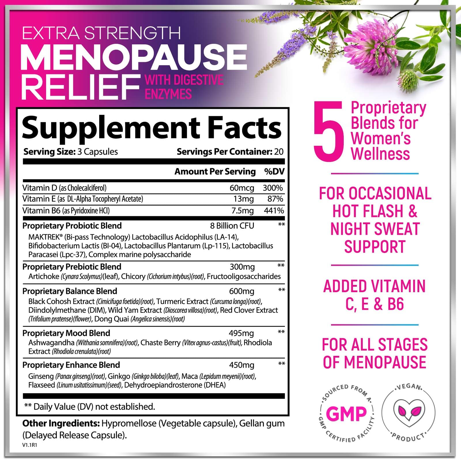 Menopause Supplements for Women - Complete Hot Flash Night Sweats & Menopause Relief Pills, 8 Billion CFU Probiotics with Dong Quai & Black Cohosh for Vaginal, Digestive Support - 60 Capsules Hello Lovely! Au supplements