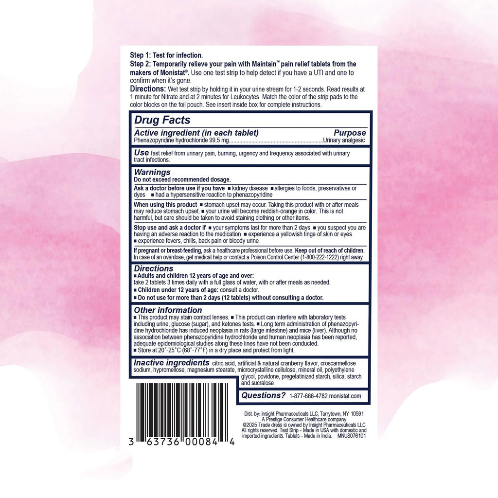 Monistat Maintain UTI 2-in-1 Test & Pain Relief Kit, 2 Test Strips & 12 Urinary Pain Relief Tablets, 2 Minute Results and Maximum Strength Pain, Burning and Urgency Relief Monistat Au supplements
