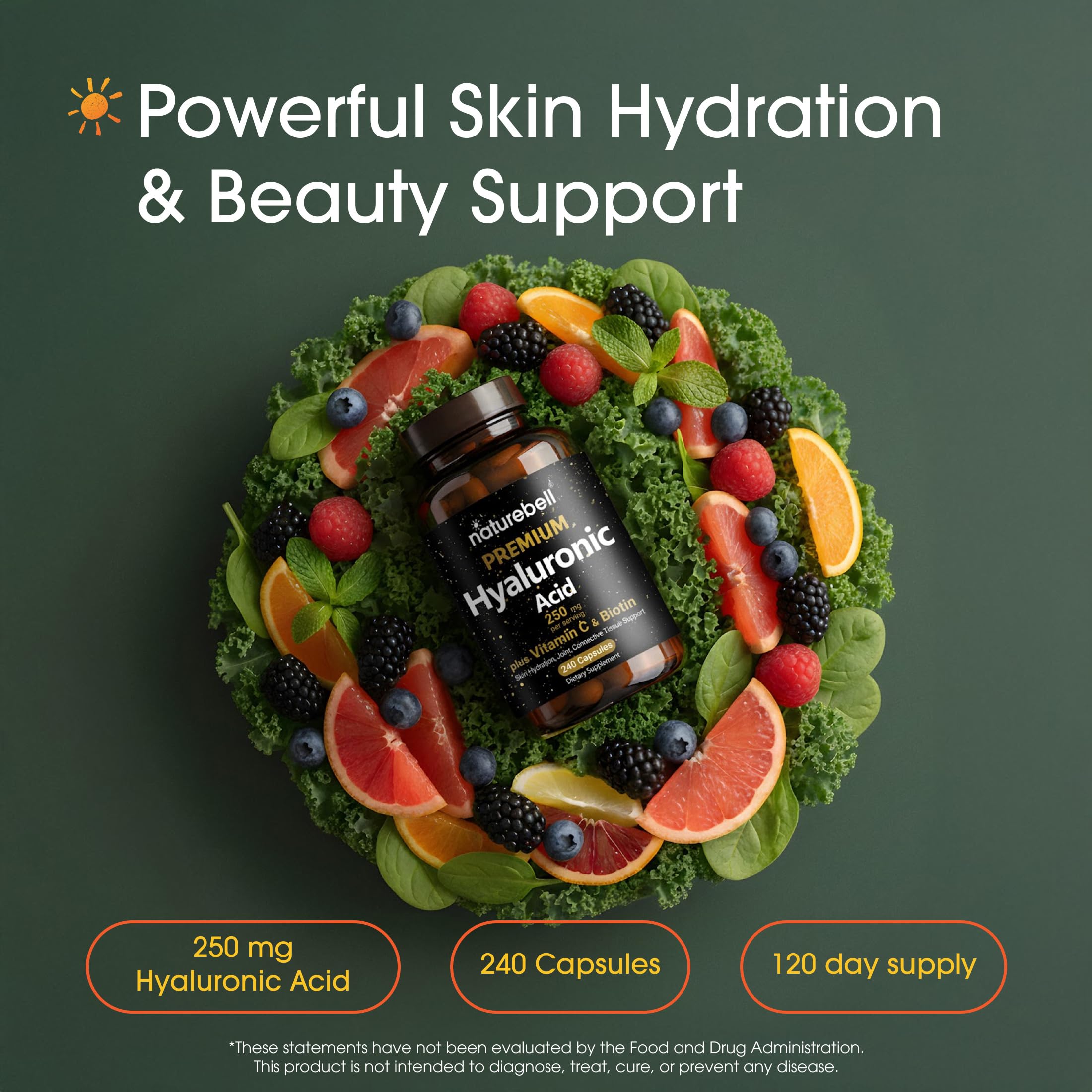 NatureBell Hyaluronic Acid 250mg - 240 Capsules - 250mg Hyaluronic Acid, 5000mcg Biotin & 25 mg Vitamin C - Supports Skin