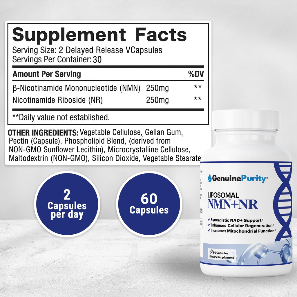 GenuinePurity - Liposomal NMN + NR Supplement - 60 Vegan Capsules to Support Cellular Health, Energy & NAD+ Levels - USA Made, Non-GMO, Gluten Free GenuinePurity Au supplements