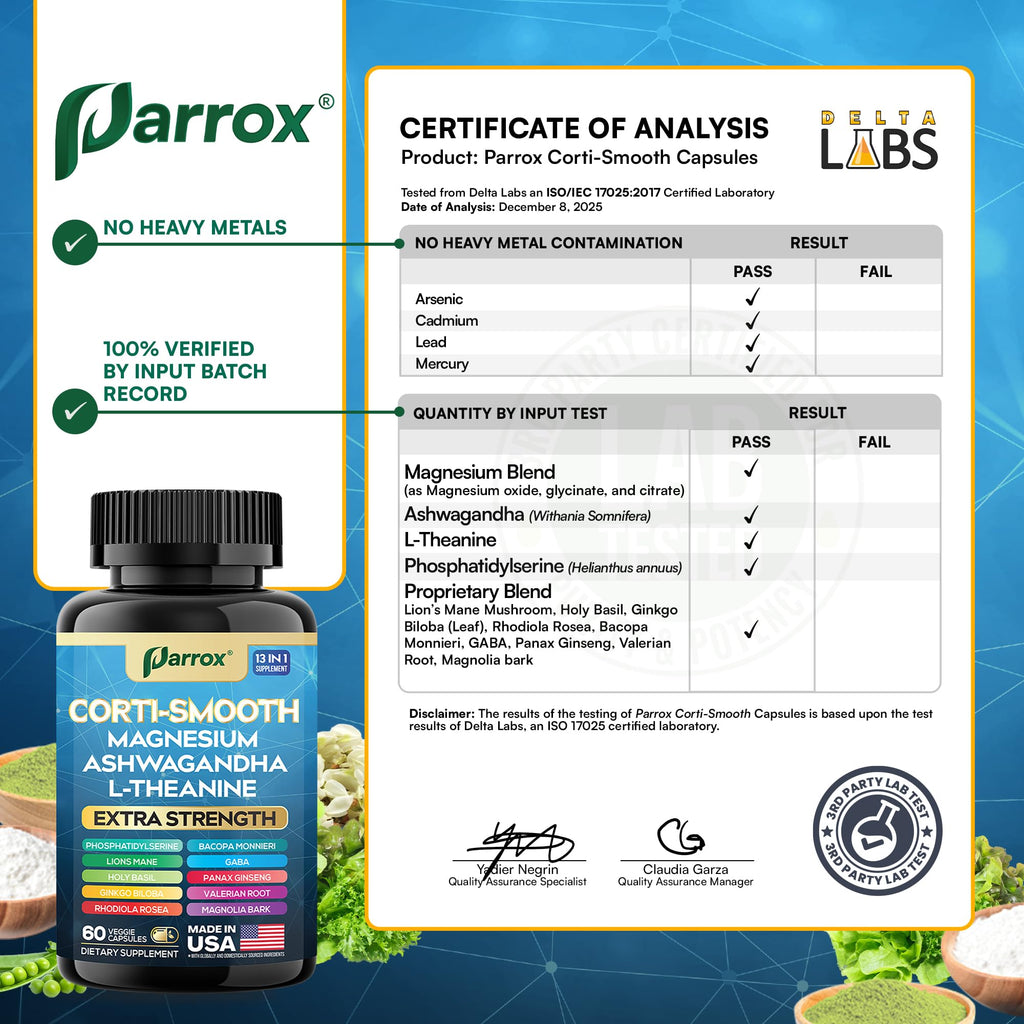 Parrox Corti-Smooth Cortisol Supplement Magnesium, L-Theanine, Ashwagandha, Phosphatidylserine, Valerian Root, Lions Mane, Bacopa Monnieri, Ginkgo Biloba, Panax Ginseng, Magnolia Bark, GABA (60 Caps) Parrox Au supplements