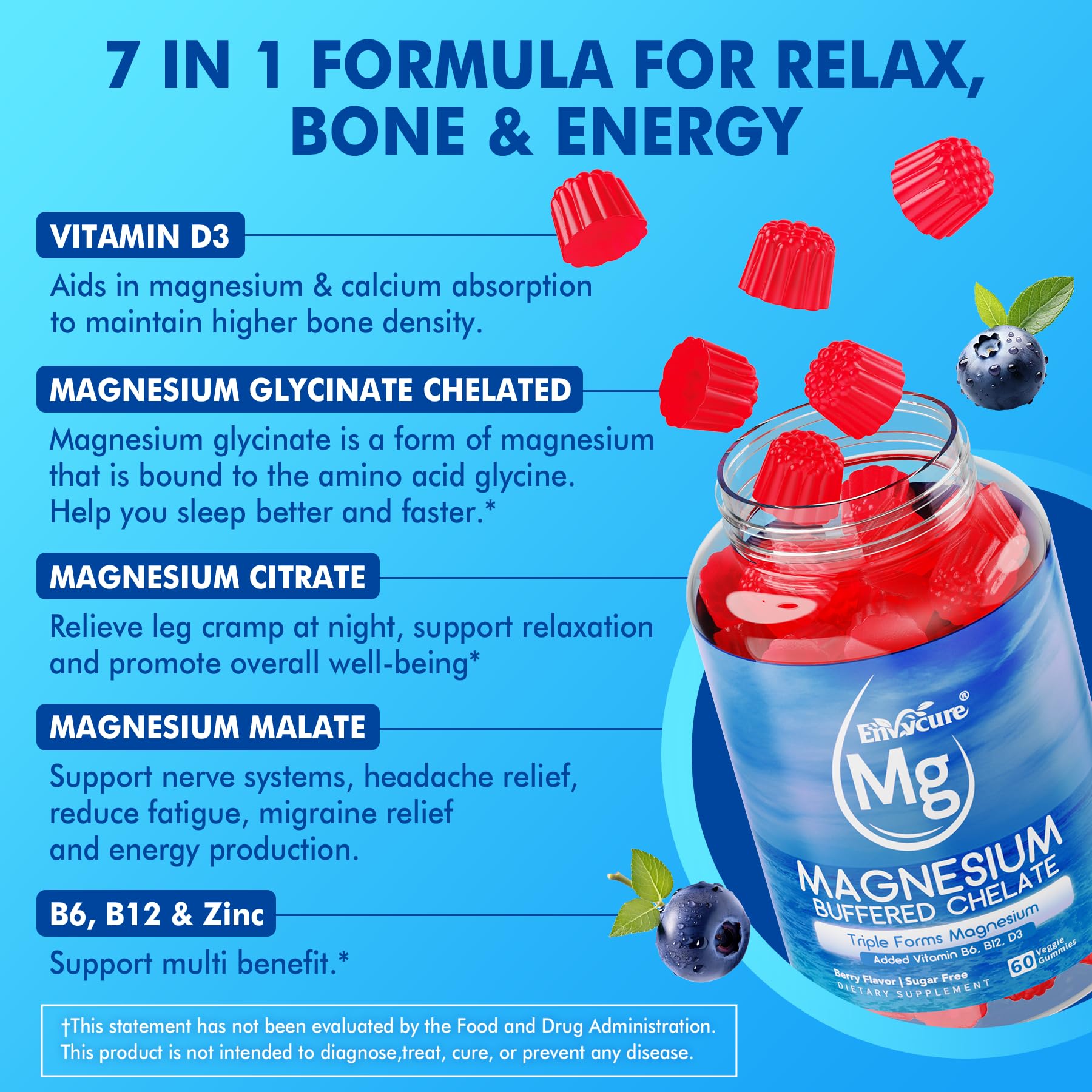 Magnesium Gummies - Triple Magnesium Complex, Magnesium Glycinate Gummies | Magnesium Glycinate, Malate, Citrate w/ D3 B6 B12, for Calm