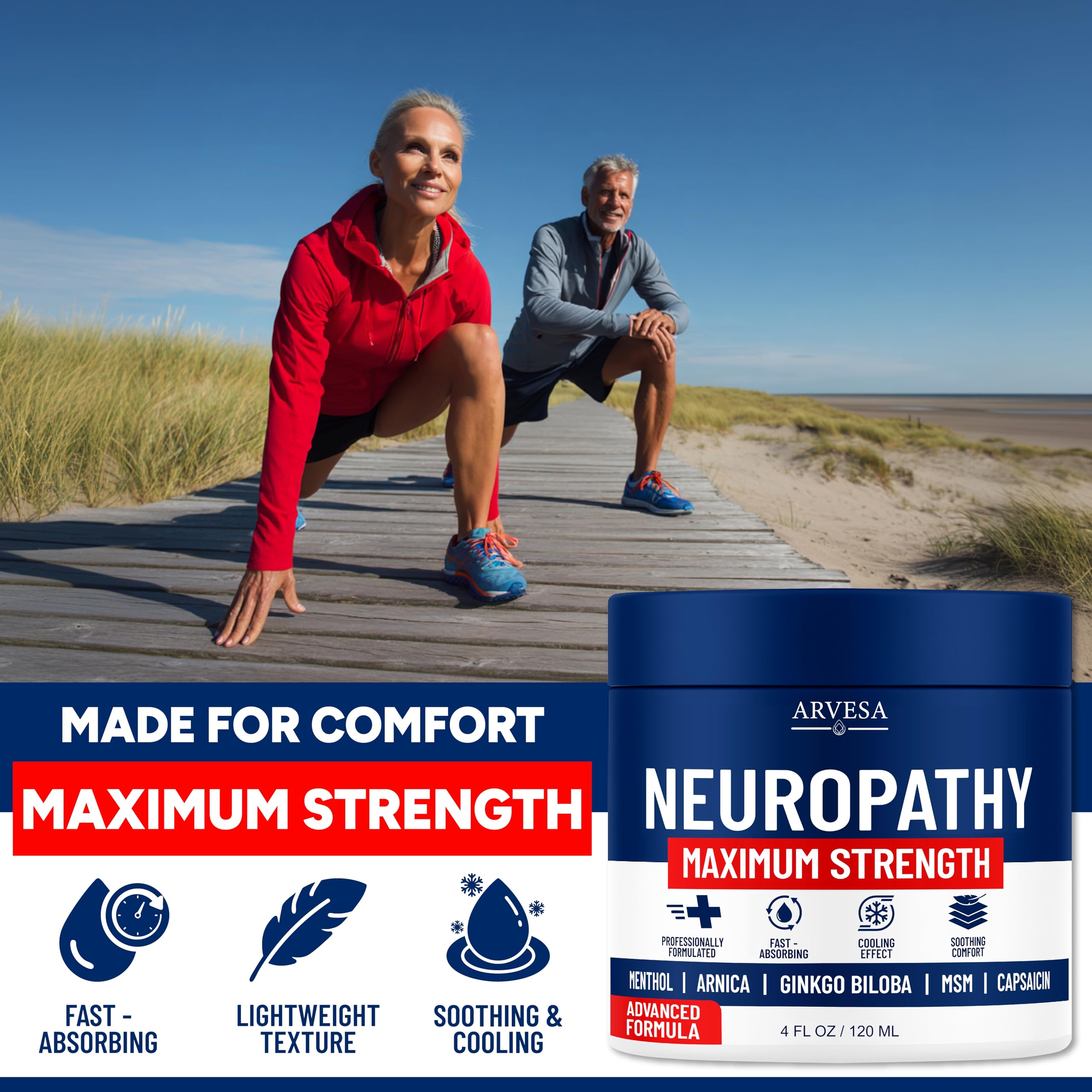 Neuropathy Cream - Maximum Strength - Arnica, MSM, Hemp Seed Oil, Ginkgo Biloba, Capsaicin - Non-Greasy with Cooling Effect - Value Pack - Natural Ingredients - Formulated in USA Arvesa Au supplements
