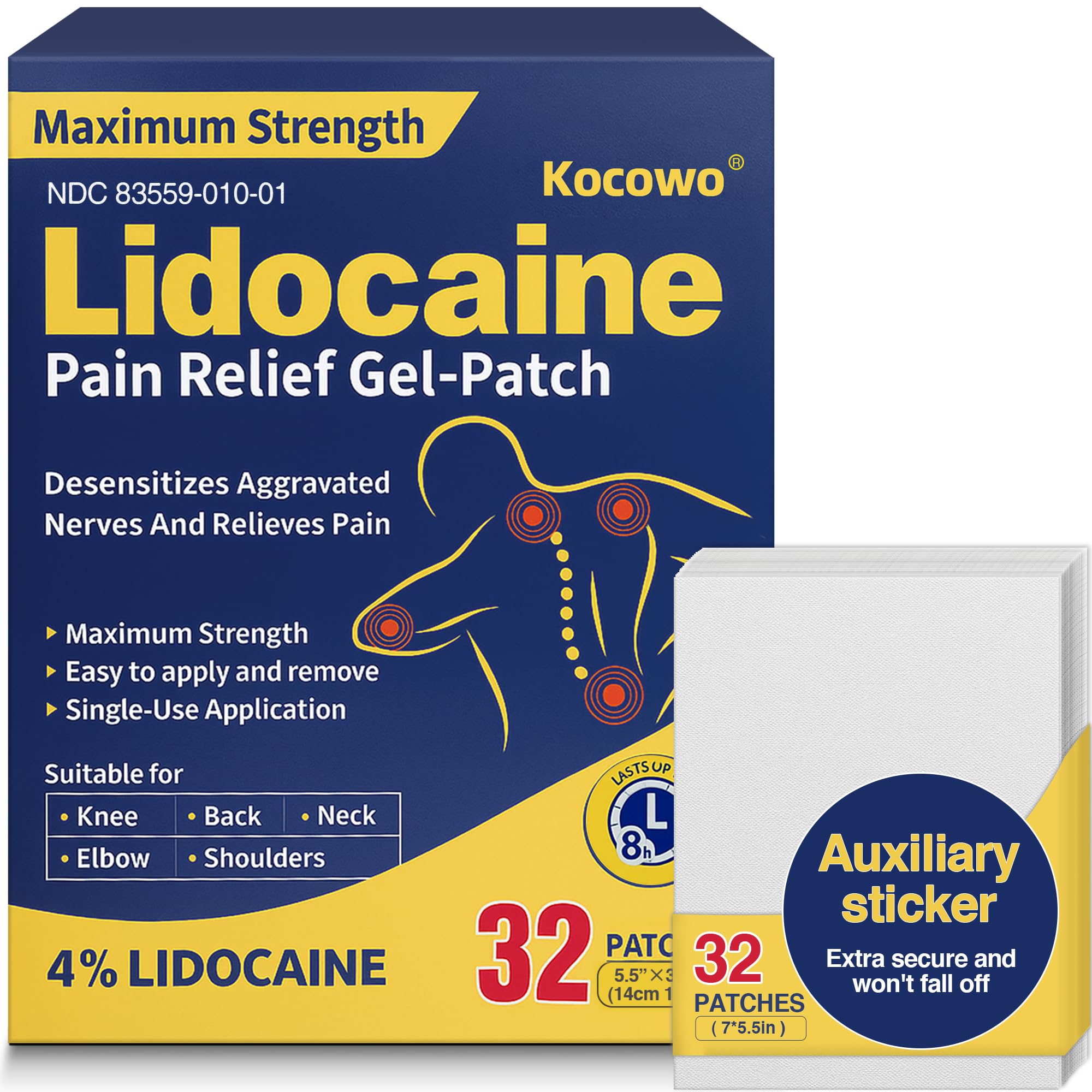 Kocowo 4% Lidocaine Maximum Strength Pain Relief Gel Patches with Auxiliary Patches for Neck Back Knee Joint Ache Muscle Soreness, 3.9” x 5.5”, 32-Count Box, NDC：83559-010-01 Kocowo Au supplements