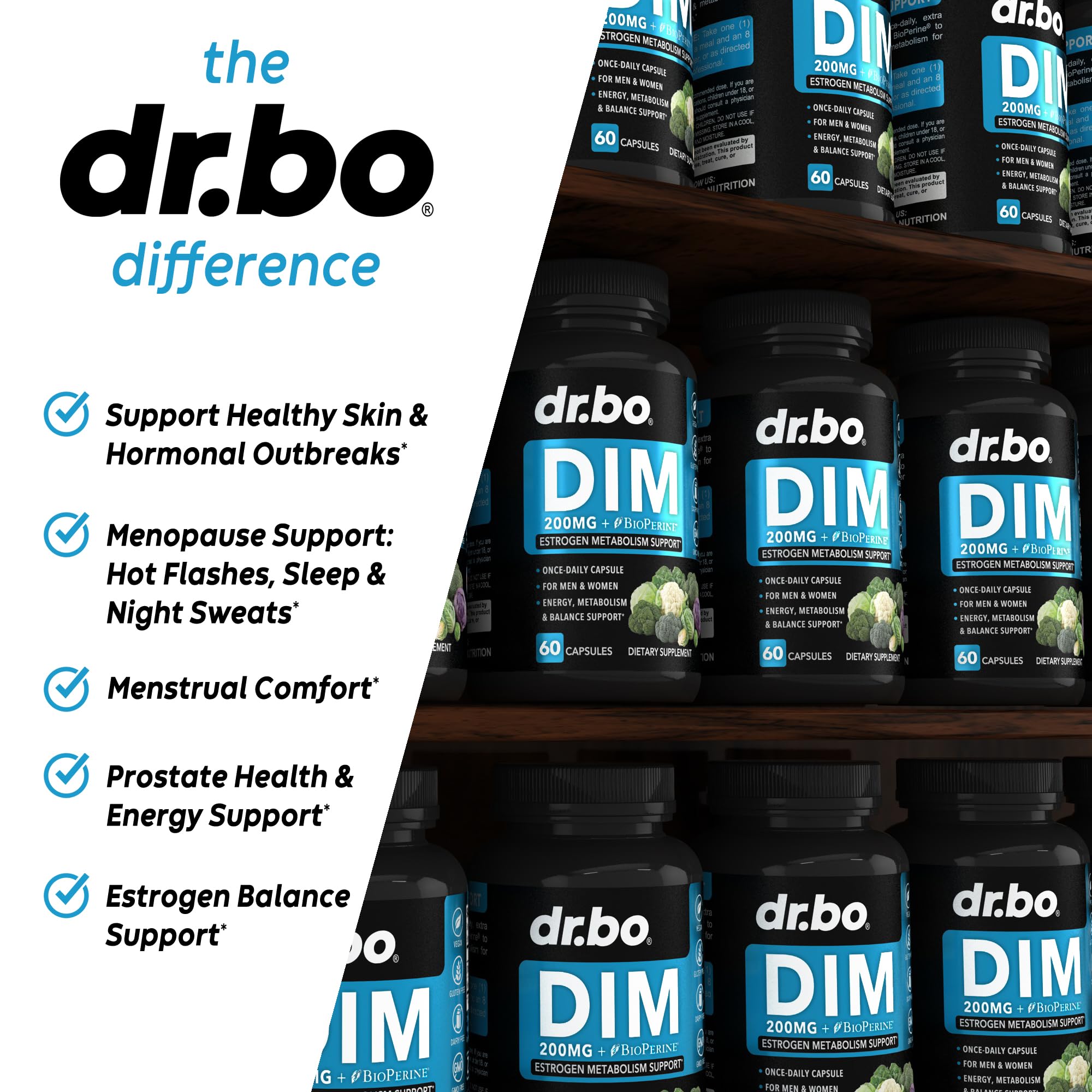 DIM Supplement for Women & Men 200mg - Androgen Estrogen Blocker for Men & Women, Hormonal Acne Pills, Hormone Balance, Menopause Support, Diindolylmethane DIM Supplement Plus BioPerine - 60 Capsules DR. BO Au supplements