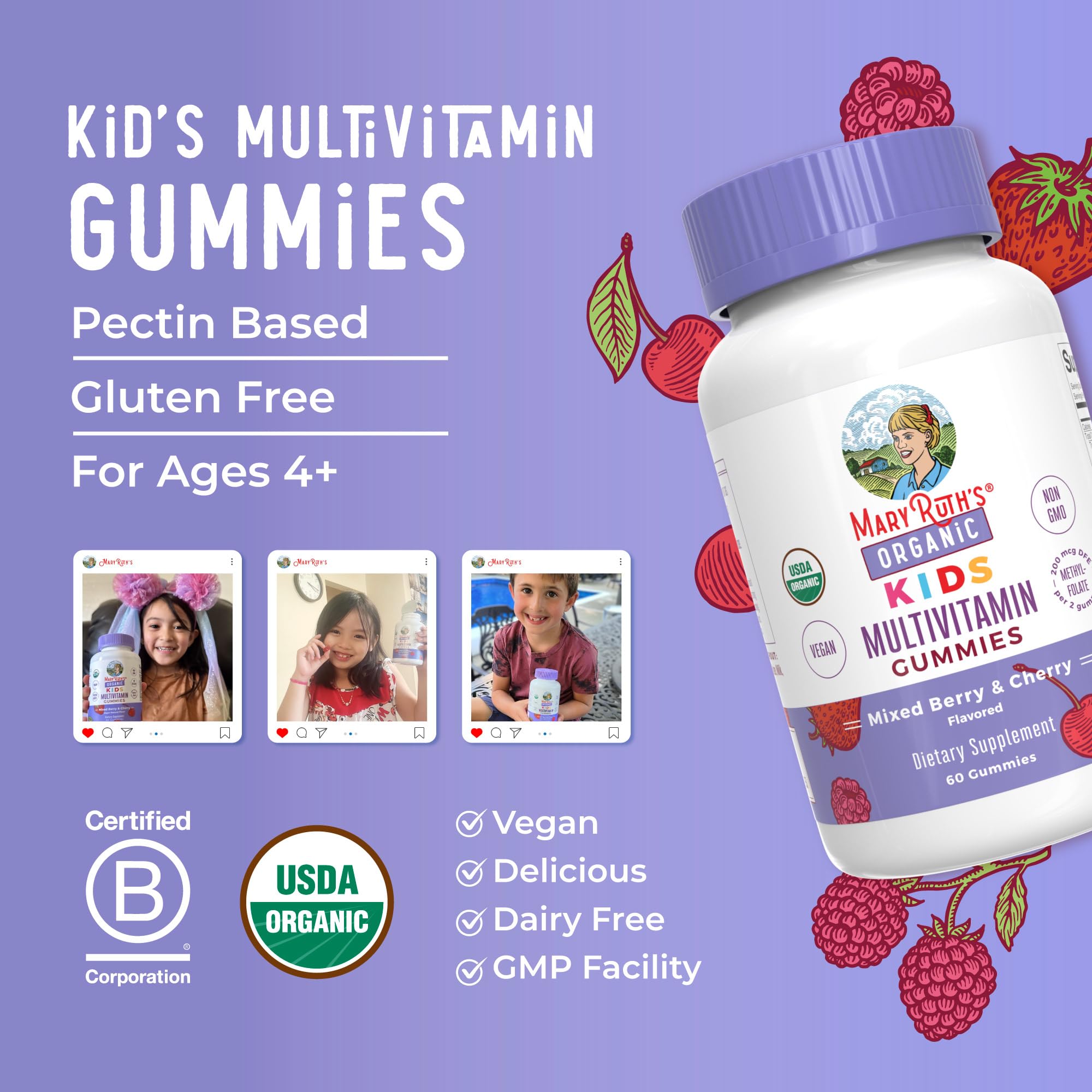 MARYRUTH'S Kids Vitamins | Multi | 1 Month Supply | Multivitamin Gummies for Ages 4+ | Multivitamin for Kids | Vegan | Only 2 Gummies a Day | 60 Count