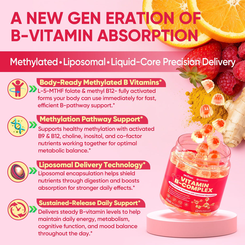 Methylated Vitamin B Complex Gummies for Women & Men, High Dose 2000 mcg Methyl B12, Liposomal Super All B Vitamins Methylfolate, B1, B2, B3, B5, B6, B7, Vitamin C,